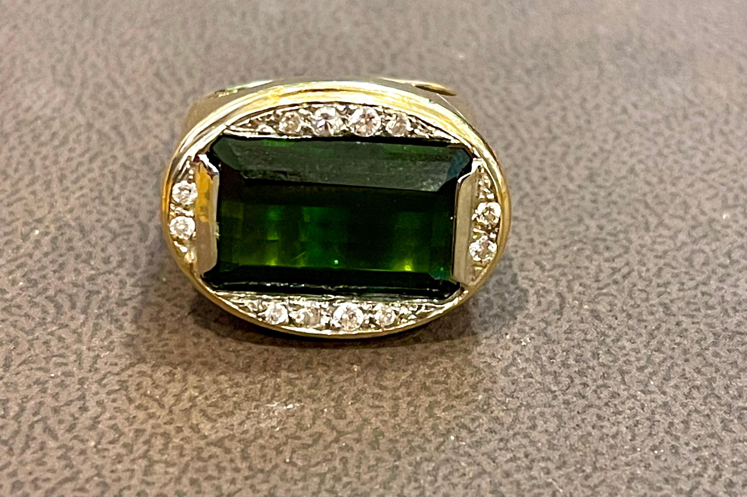 GIA Certified 11.72 Ct Green Tourmaline & Diamond Cocktail Ring 14K Yellow Gold For Sale 2