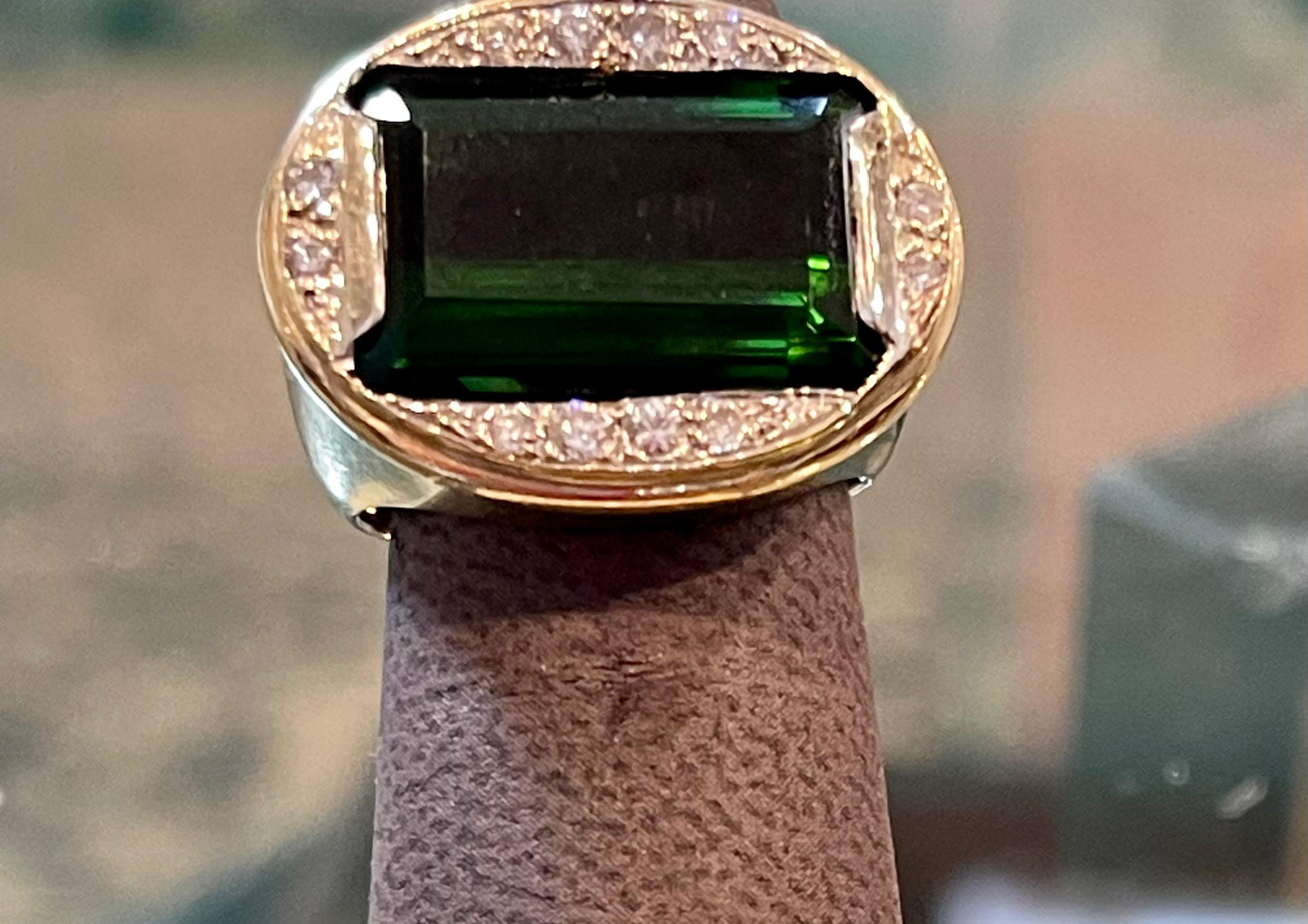 GIA Certified 11.72 Ct Green Tourmaline & Diamond Cocktail Ring 14K Yellow Gold For Sale 3
