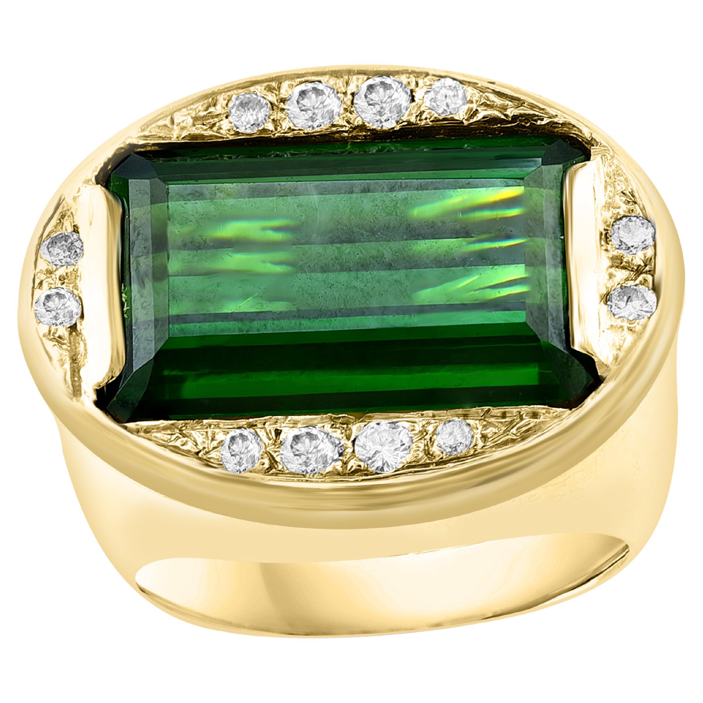 GIA Certified 11.72 Ct Green Tourmaline & Diamond Cocktail Ring 14K Yellow Gold For Sale