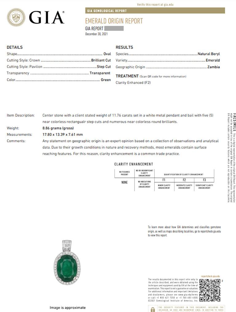 Oval Cut GIA Certified 11.76 Carat Oval Emerald and Diamond Pendant in 18k White Gold For Sale