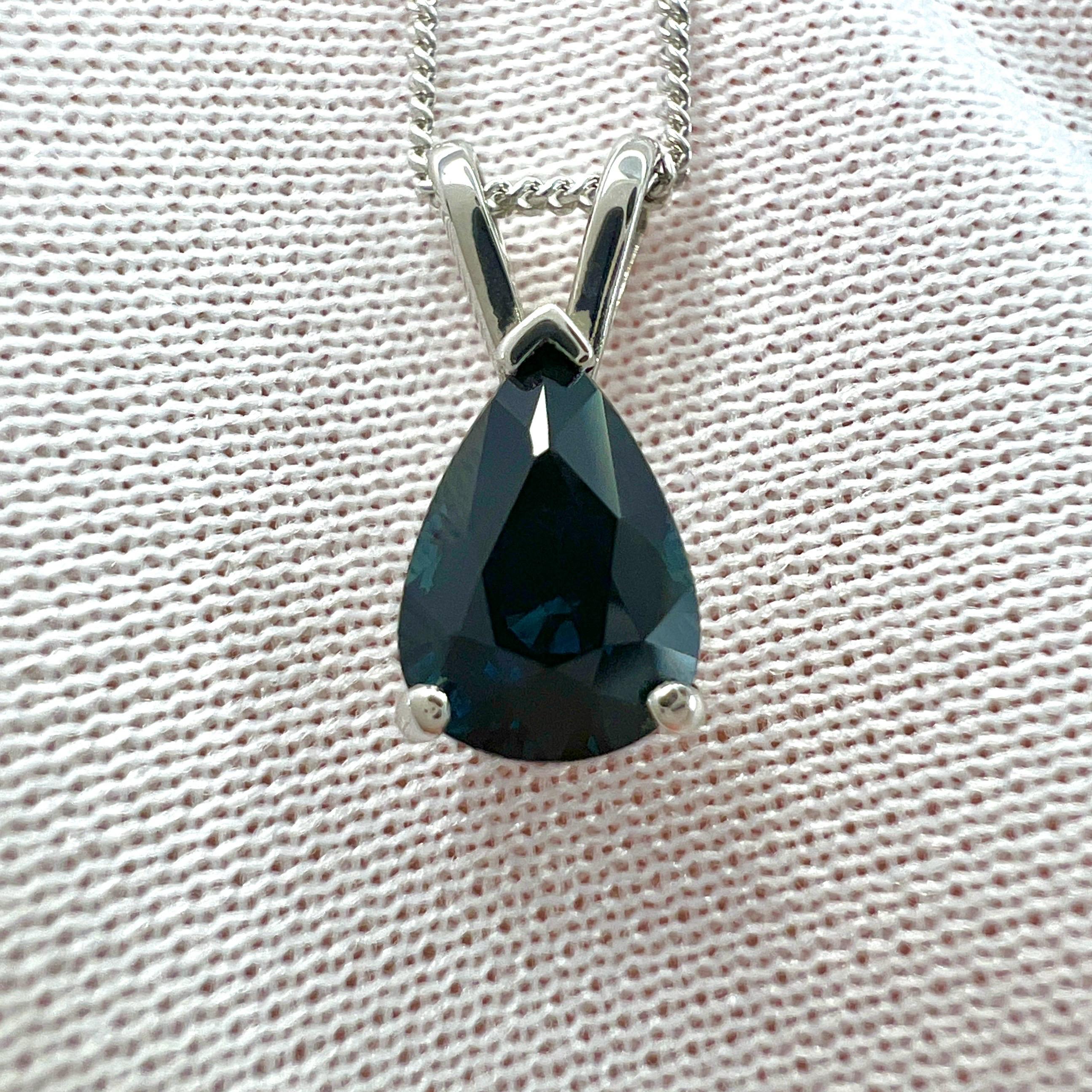 GIA Certified 1.17ct Untreated Deep Blue Sapphire Pear 18k White Gold Pendant In New Condition For Sale In Birmingham, GB