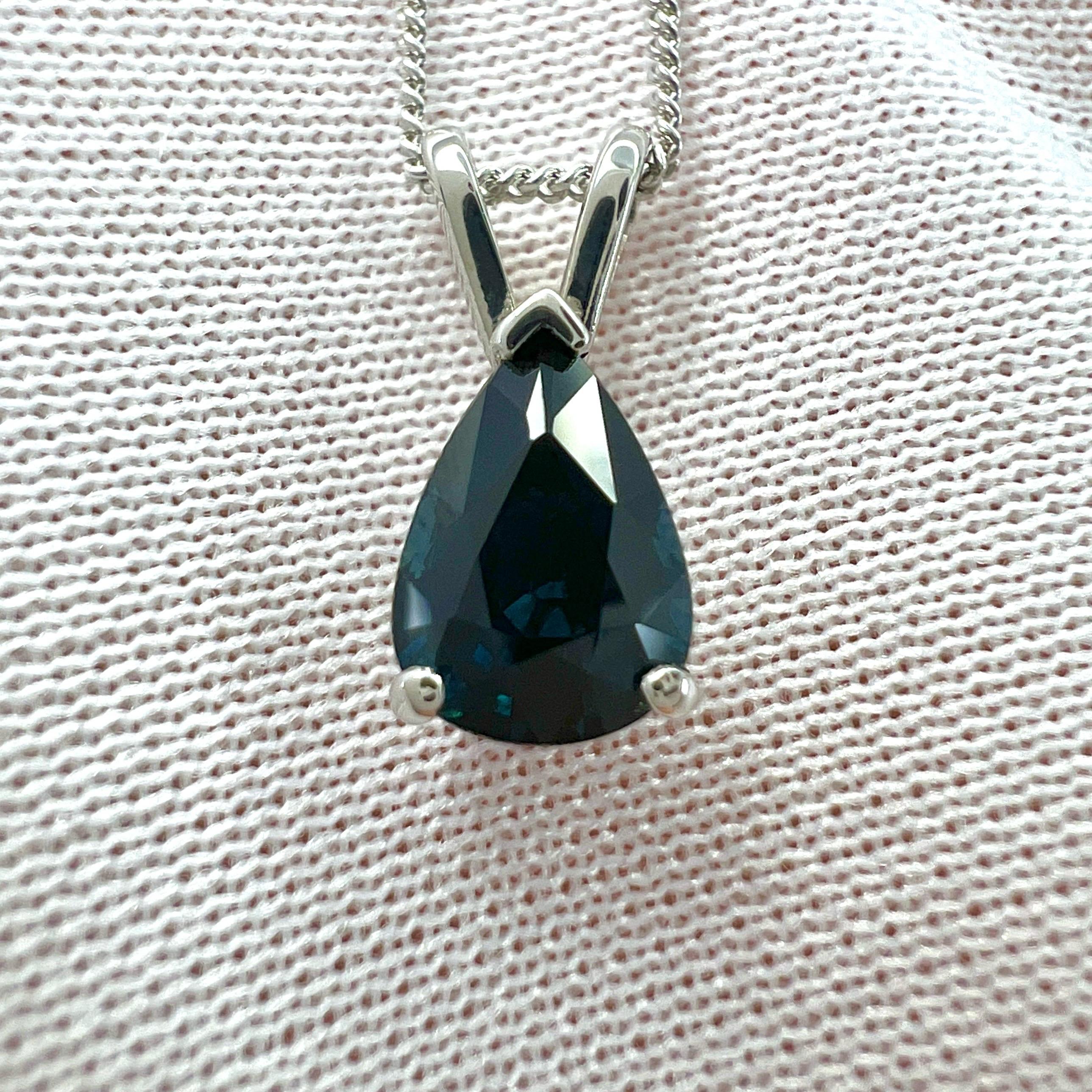 GIA Certified 1.17ct Untreated Deep Blue Sapphire Pear 18k White Gold Pendant For Sale 2