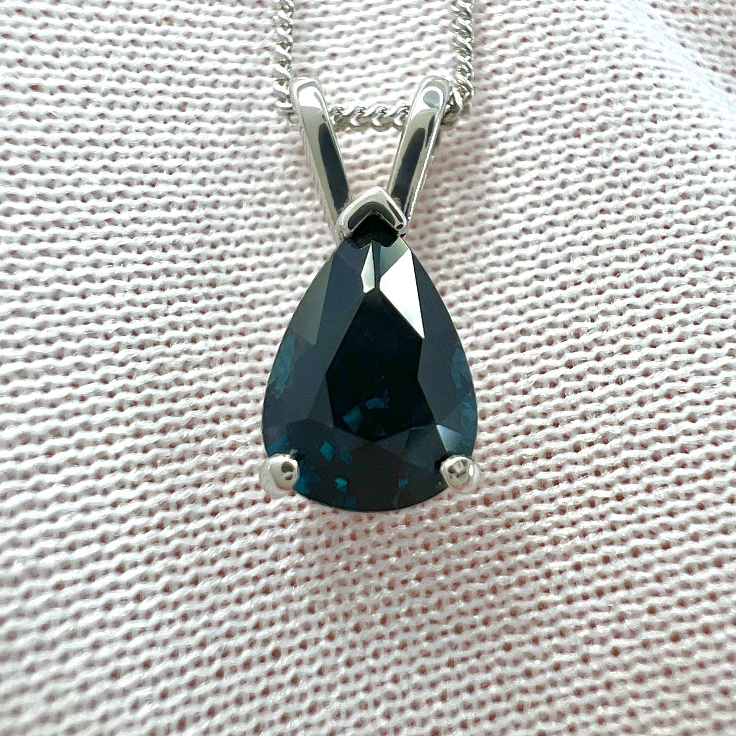 GIA Certified 1.17ct Untreated Deep Blue Sapphire Pear 18k White Gold Pendant For Sale 3