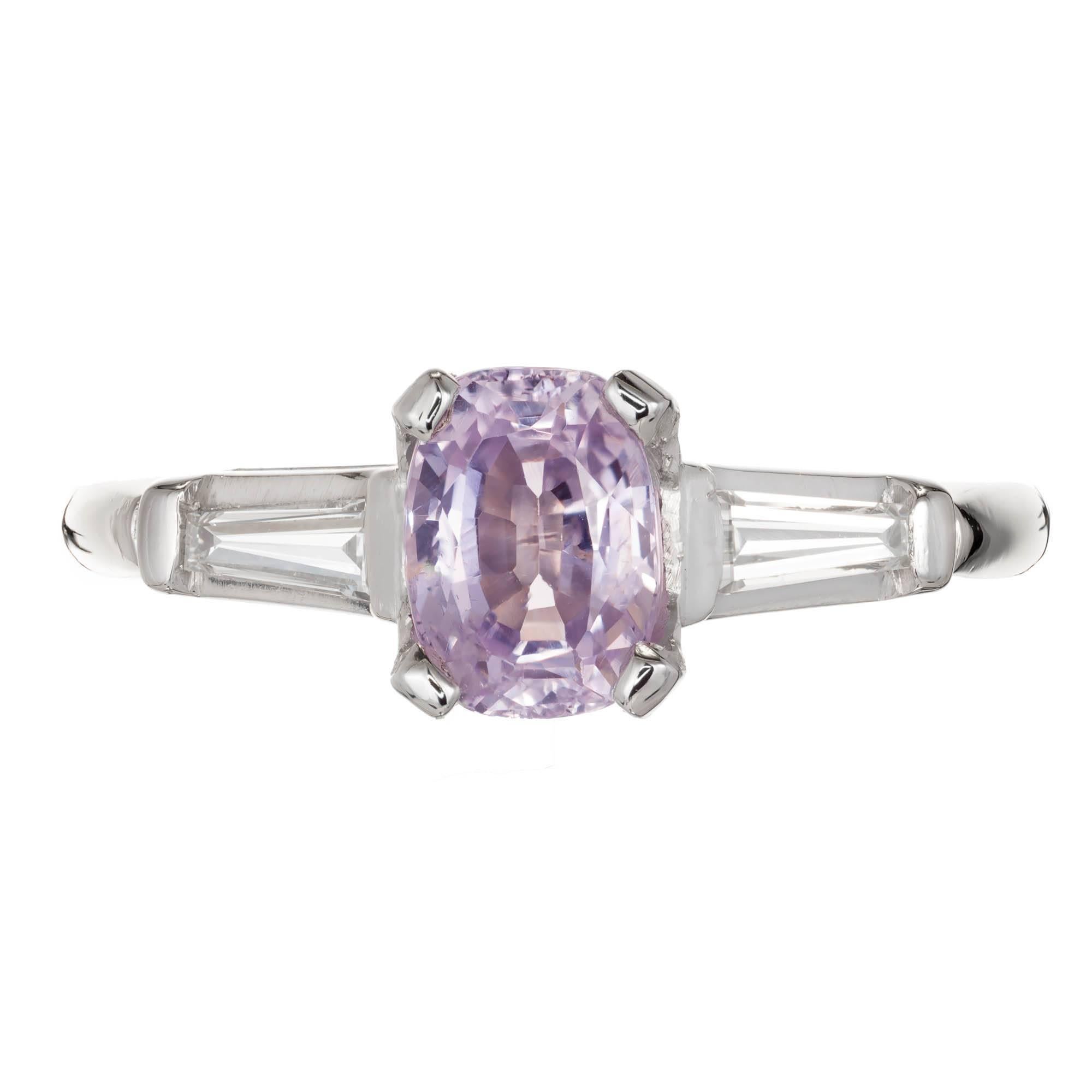 Natural GIA certified antique cushion cut purple sapphire and diamond three-stone engagement ring.  Platinum setting with two tapered baguette accent Diamonds.  

1 cushion cut light purple Sapphire, approx. total weight 1.18cts, VS, 6.88 x 5.0 x