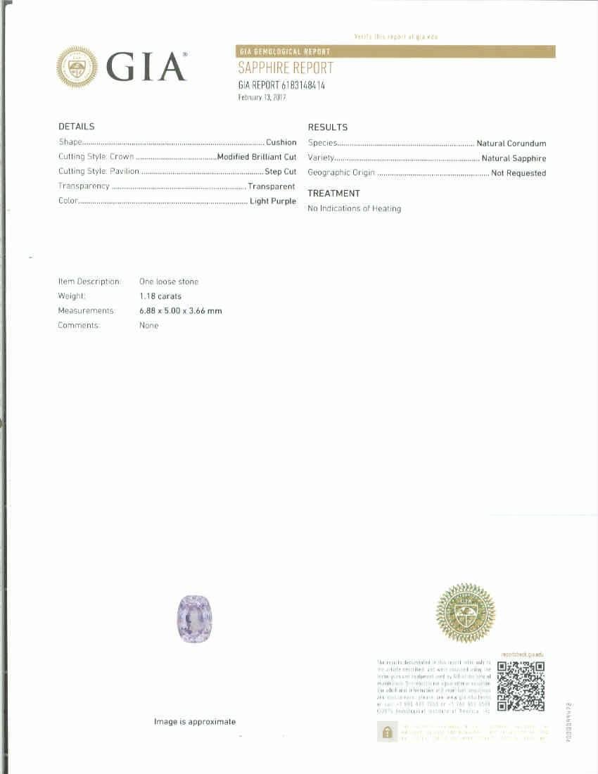 Cushion Cut GIA Certified 1.18 Carat Light Purple Sapphire Diamond Platinum Engagement Ring