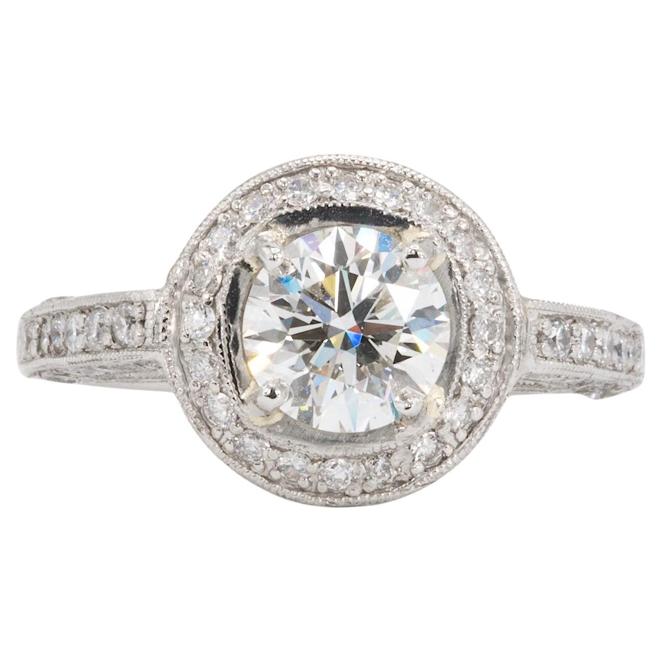 GIA Certified 1.18 Carat Round Brilliant Diamond in Platinum and Diamond Ring For Sale