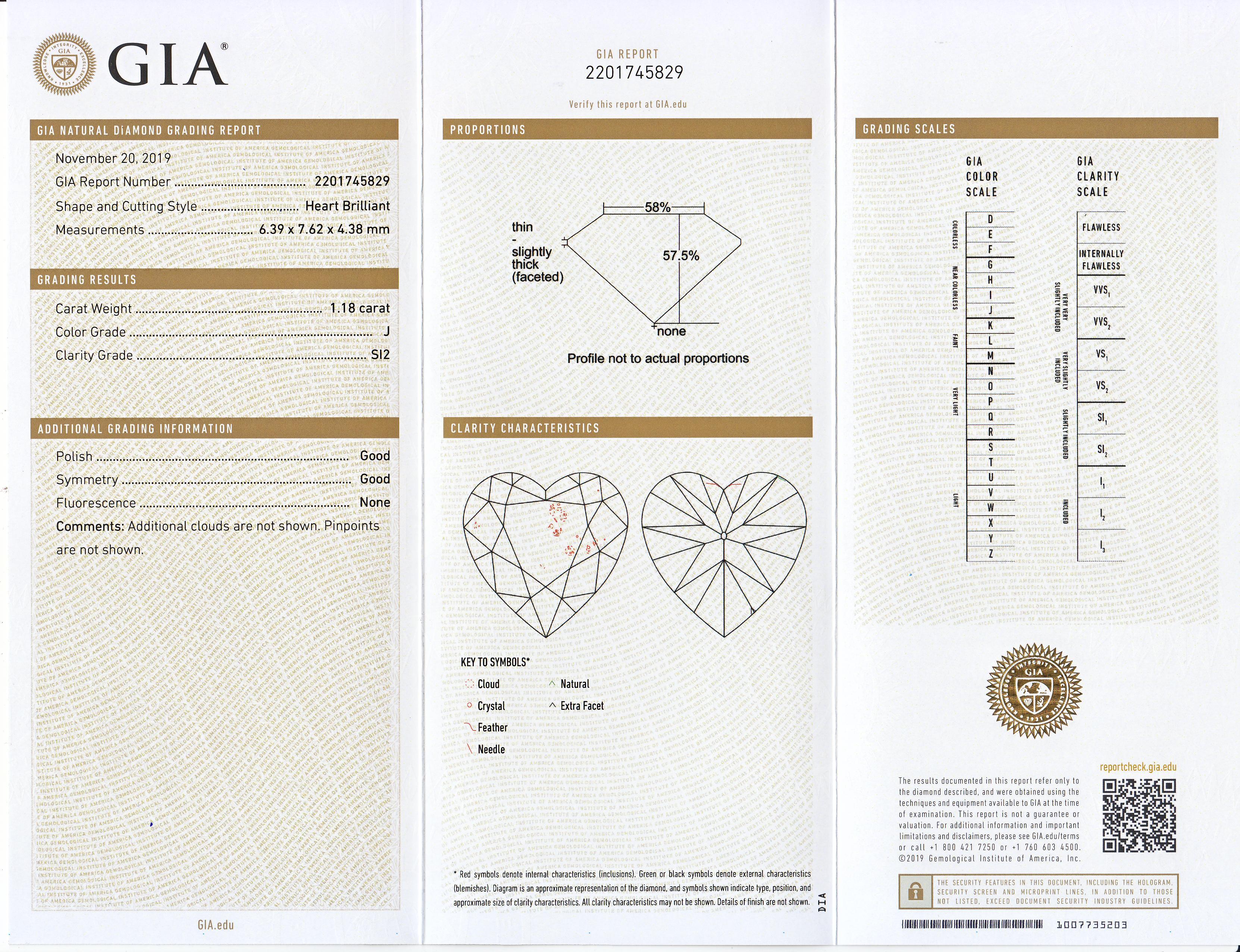 Collier pendentif solitaire en forme de cœur de 1.18 carat certifié GIA en vente 1