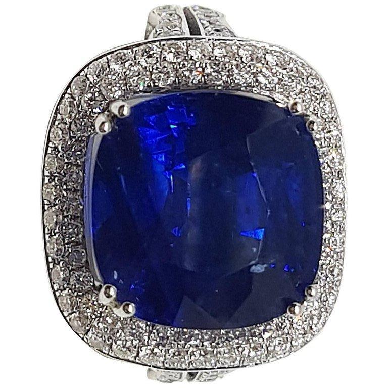 Cushion Cut GIA Certified 11.81 Carat Natural Blue Sapphire Ring in Micro pave Setting For Sale