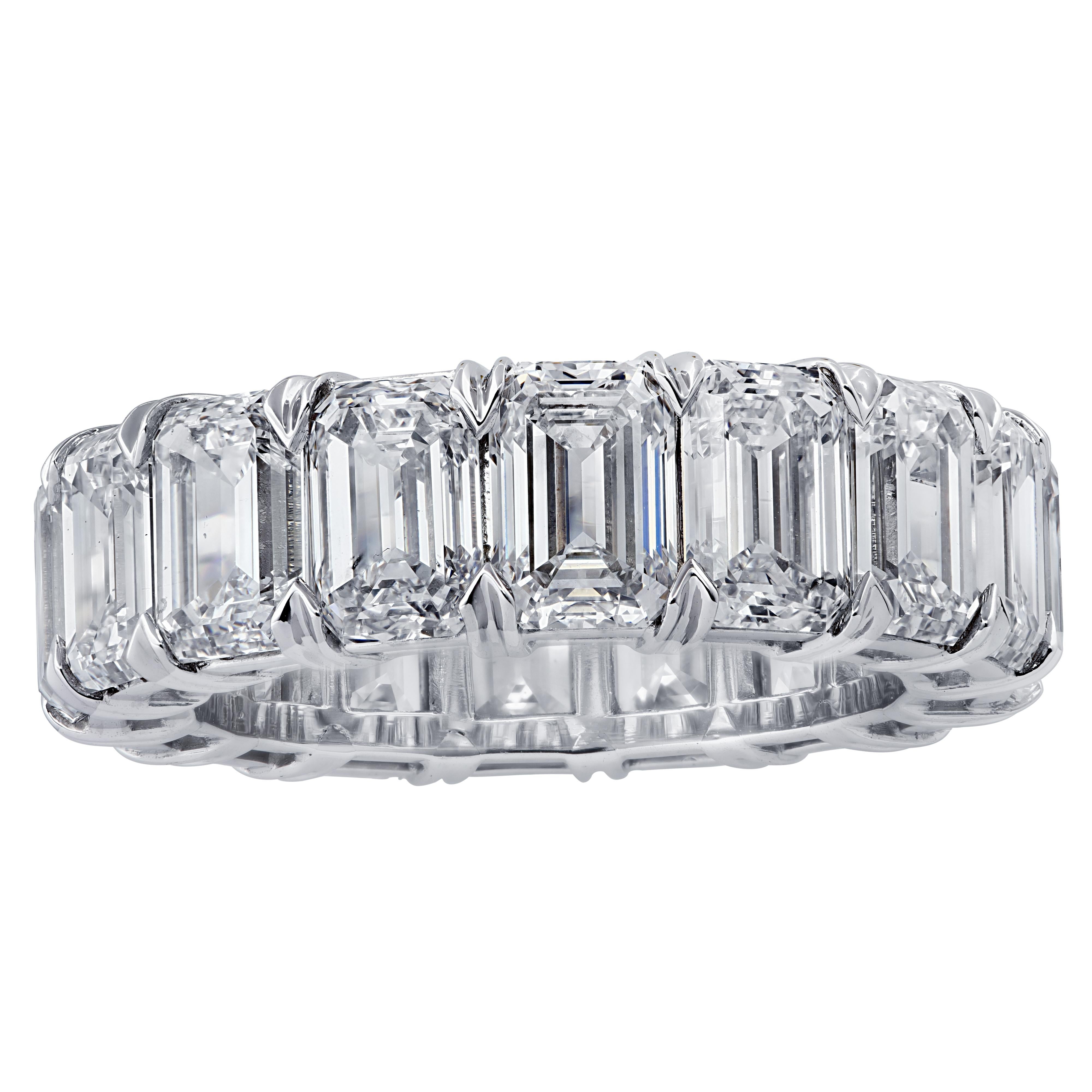 Exquisite eternity band crafted by hand in Platinum, showcasing 16 stunning GIA Certified emerald cut diamonds weighing 11.85 carats total, D-F color, VVS-SI1 clarity. Each diamond is carefully selected, perfectly matched and set in a seamless sea