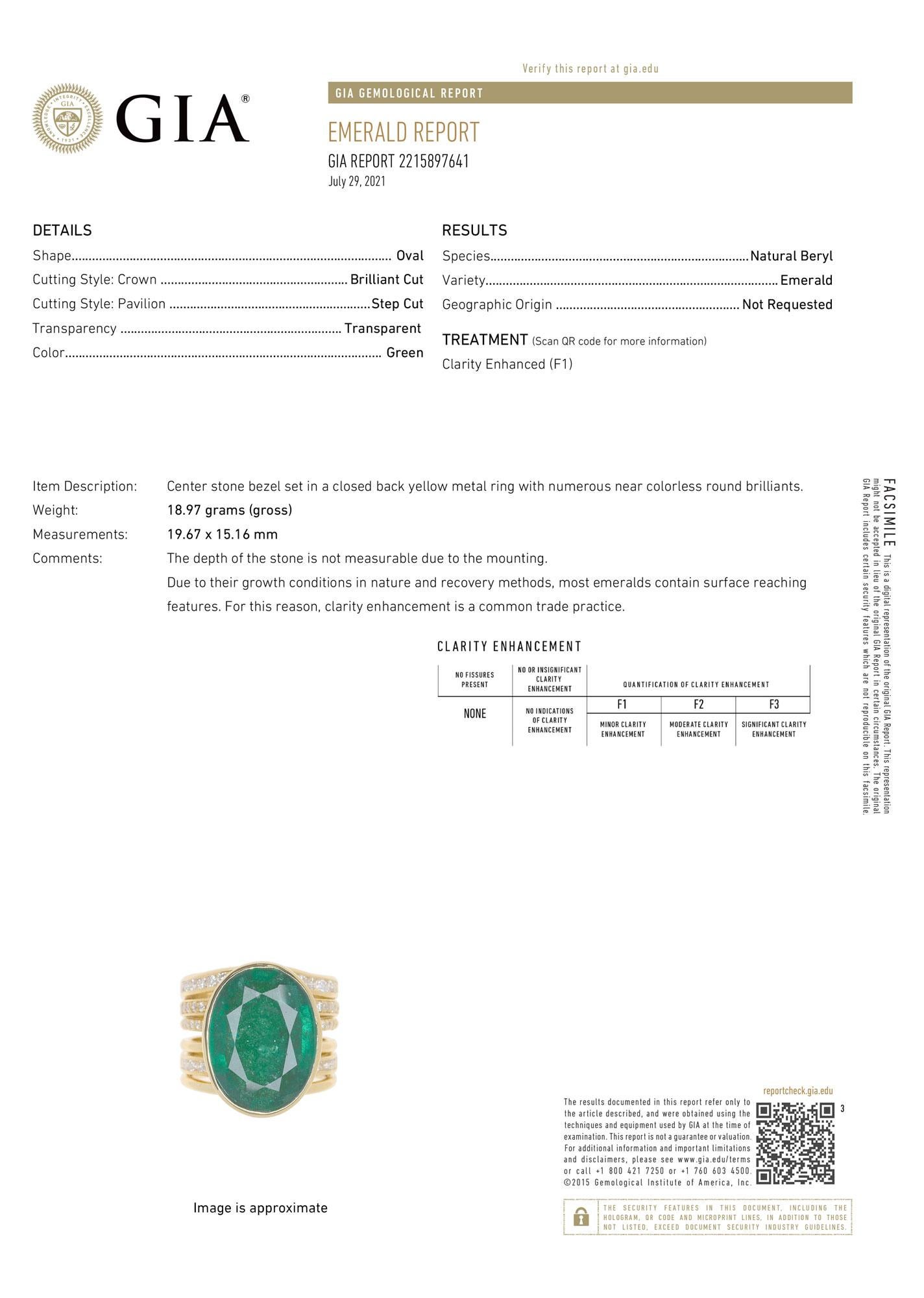 GIA Certified 11.85 Carat Oval Green Emerald 18k Yellow Gold Diamond Ring For Sale 1