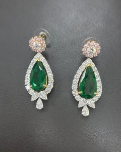 GIA Certified 11.86 Carat Vivid Green Natural Emerald Diamond Gold Earrings