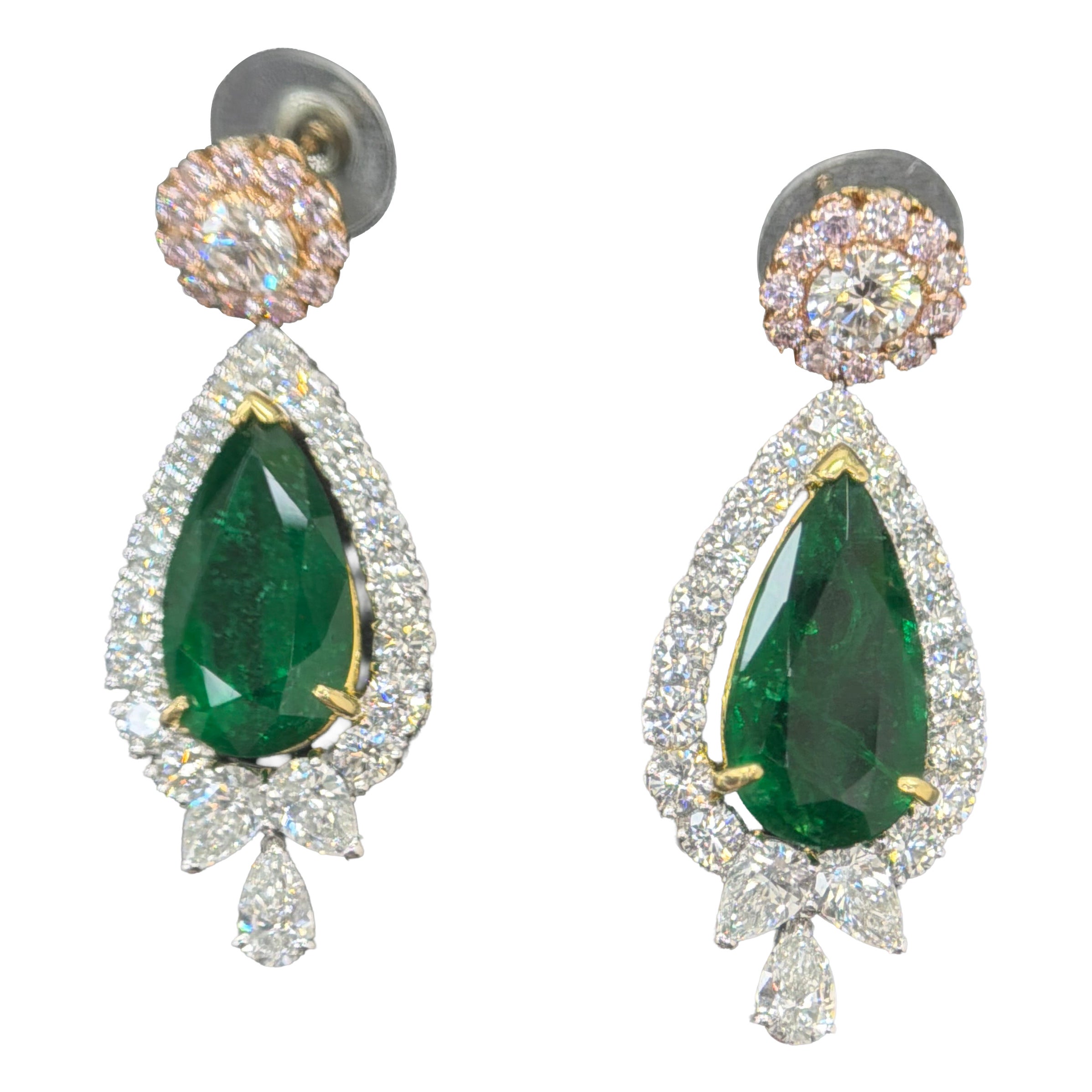 GIA Certified 11.86 Carat Vivid Green Natural Emerald Diamond Gold Earrings For Sale