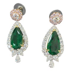 GIA Certified 11.86 Carat Vivid Green Natural Emerald Diamond Gold Earrings