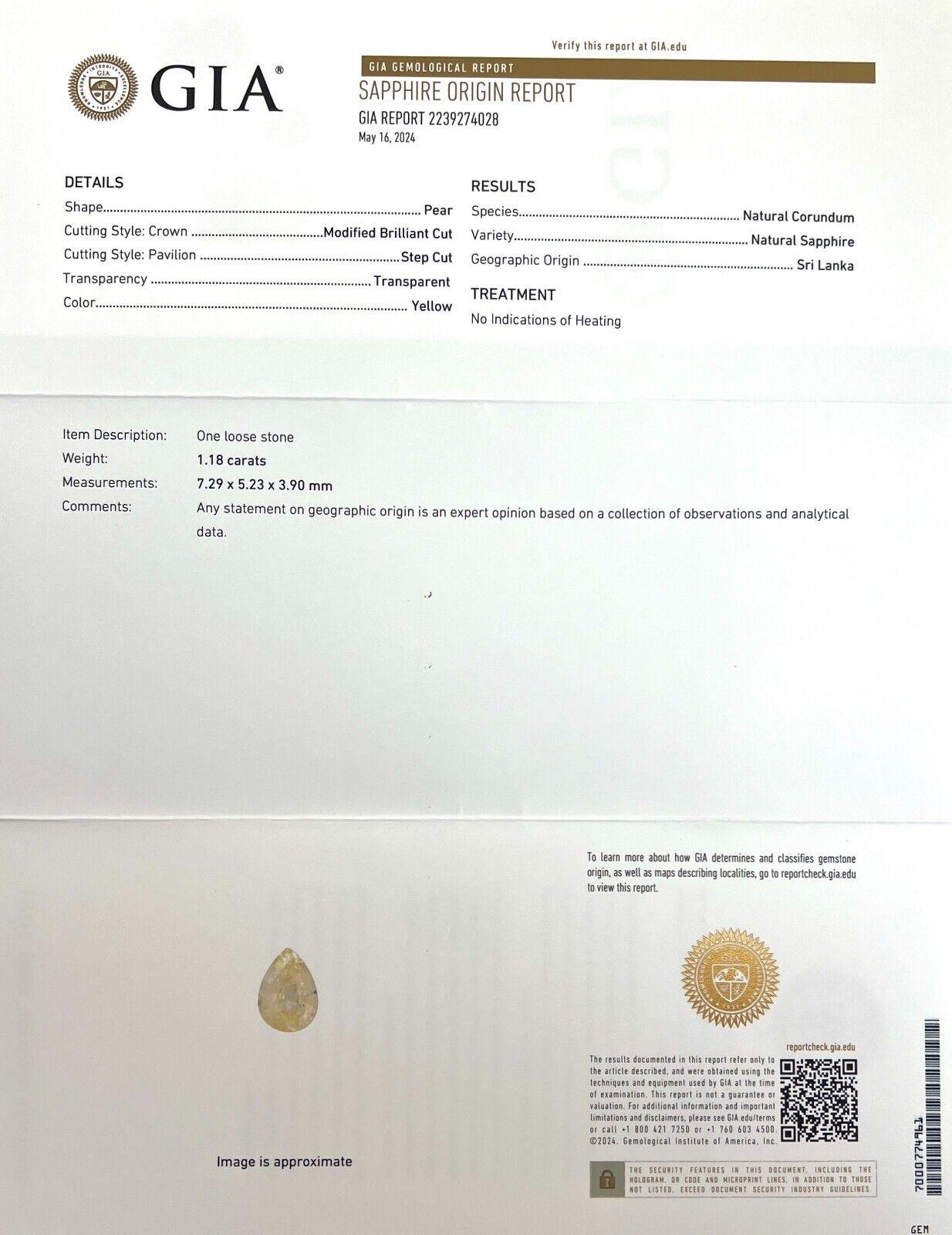Gia Certified 1.18ct Ceylon Yellow Sapphire Untreated Pear Teardrop Cut Gem

Natural GIA Certified Untreated Ceylon Yellow Sapphire.
1.18 Carat unheated sapphire with a beautiful bright yellow colour.
The sapphire also has an excellent pear teardrop