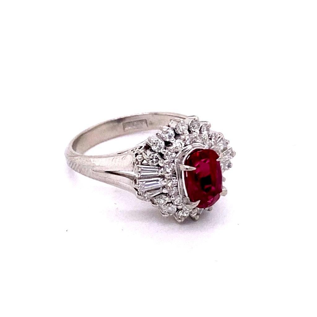 3.16gm 18K White Gold
0.58ct EF Color VS Diamond
1.18ct Natural Burma Ruby 
GIA #2366134729
Known for its powers aiding the regeneration of the physical or spiritual heart, enhancing circulation, vitalizing blood and the entire body and mind 1.18ct