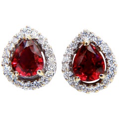 Boucles d'oreilles en grappe de diamants en or 18 carats et rubis naturel certifié GIA de 1,19 et 1,28 carat