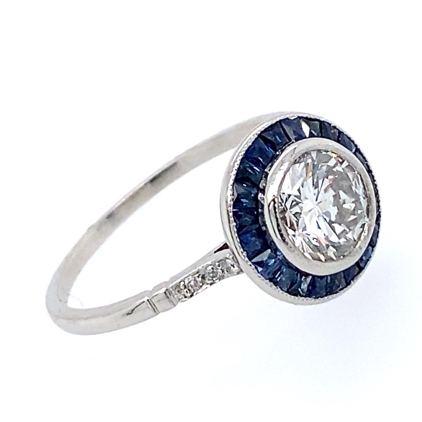 Art Deco GIA Certified 1.19 Carat Diamond with Sapphire Halo in Deco-Style Platinum Ring