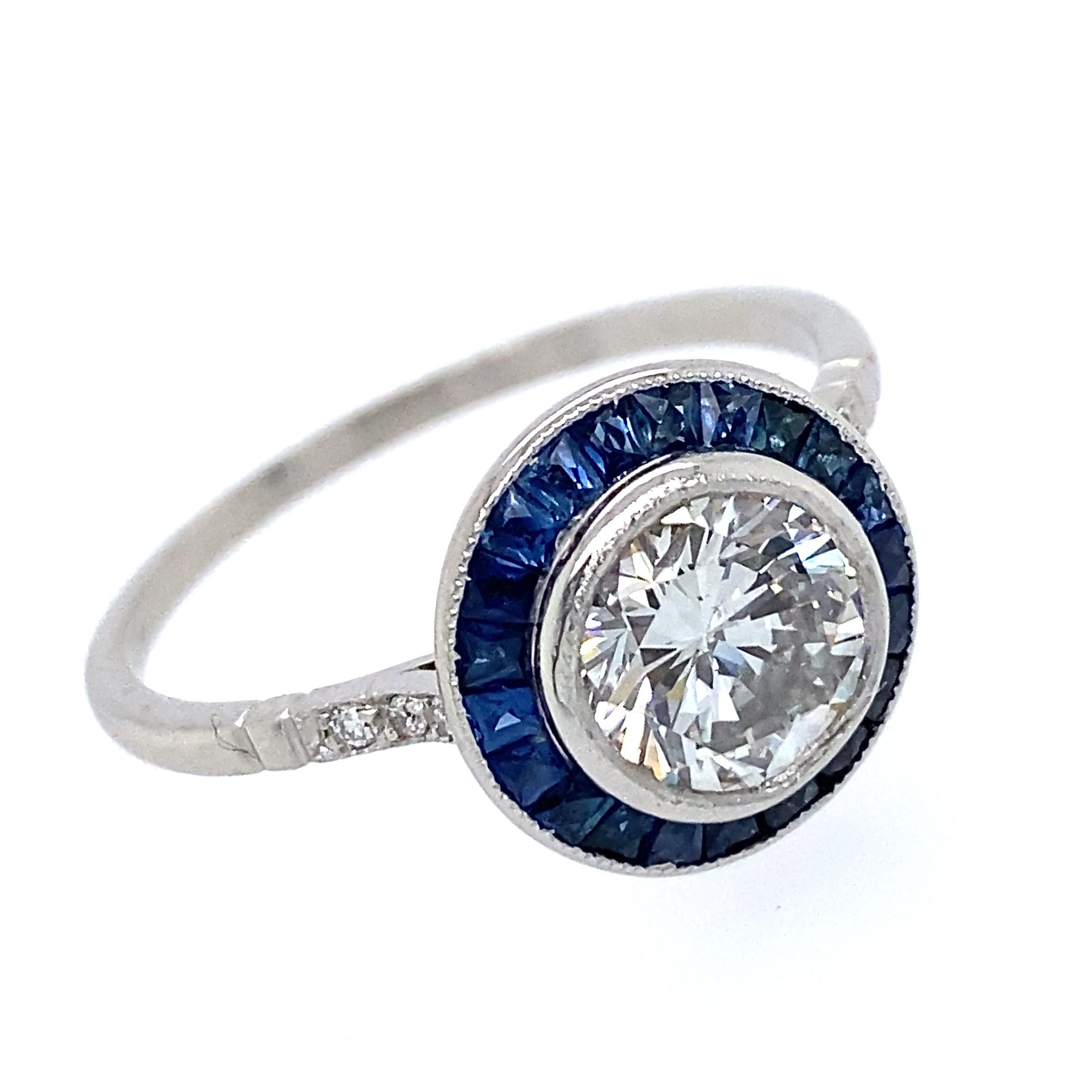 GIA Certified 1.19 Carat Diamond with Sapphire Halo in Deco-Style Platinum Ring In New Condition In Sherman Oaks, CA