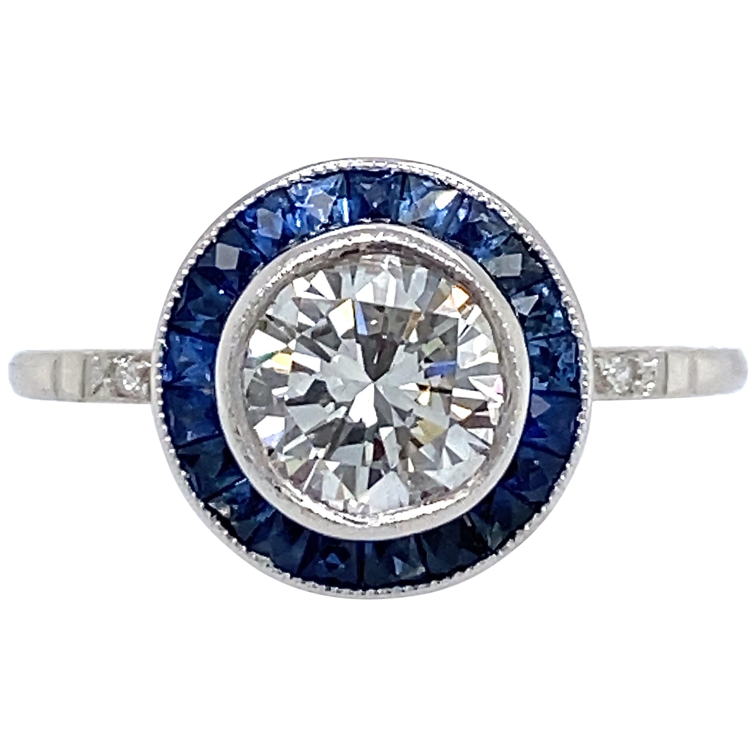 GIA Certified 1.19 Carat Diamond with Sapphire Halo in Deco-Style Platinum Ring