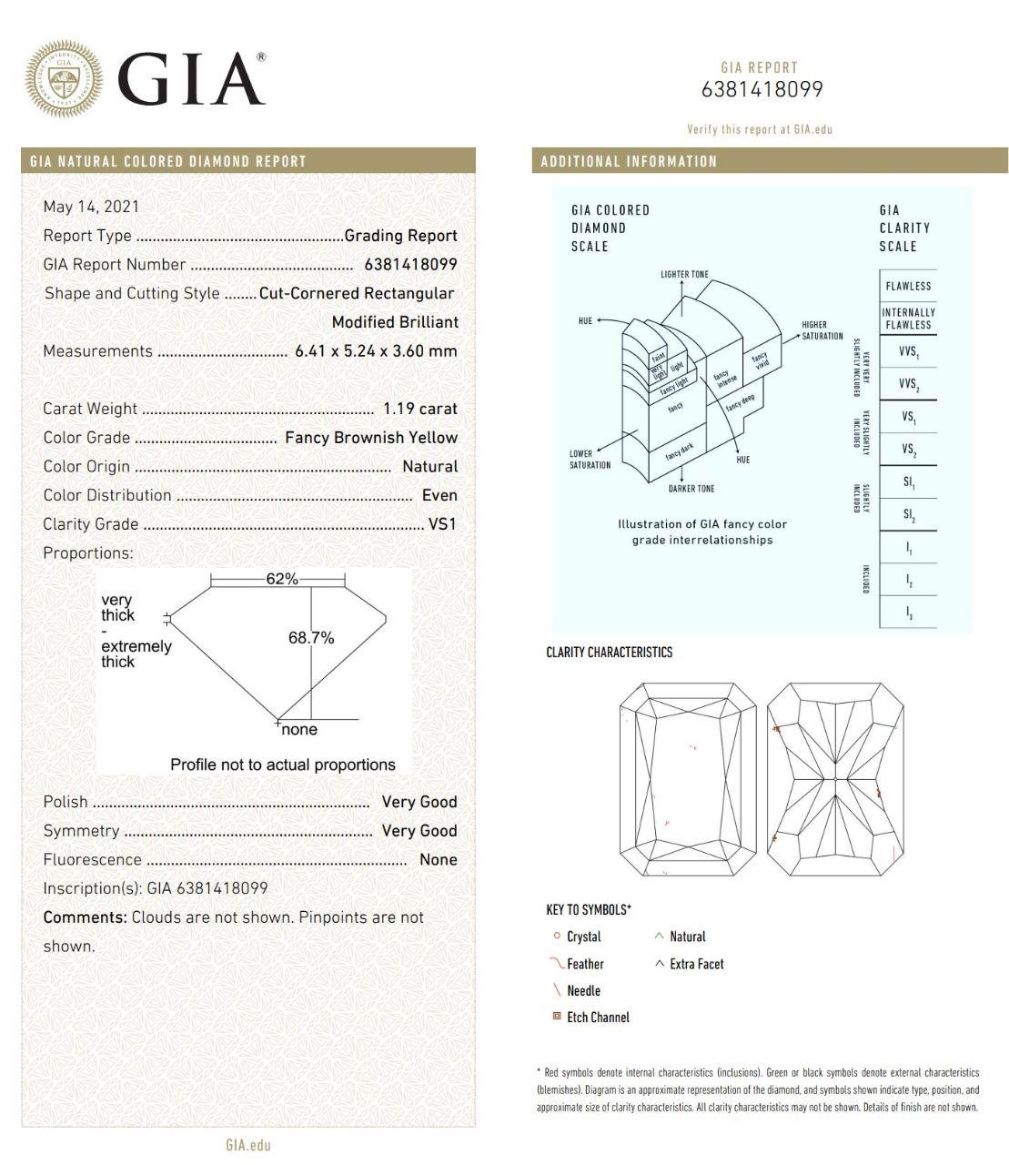 GIA Certified 1.19 Carat Fancy Brownish Yellow VS1 Clarity Diamond Ring For Sale 3