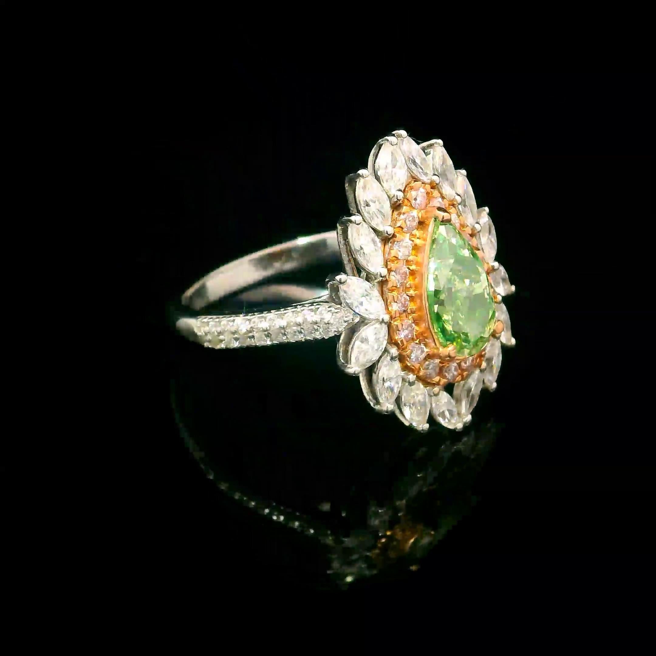 Taille poire Bague en diamant certifié GIA de 1,19 carat, de couleur jaune vert clair, pureté VSI en vente