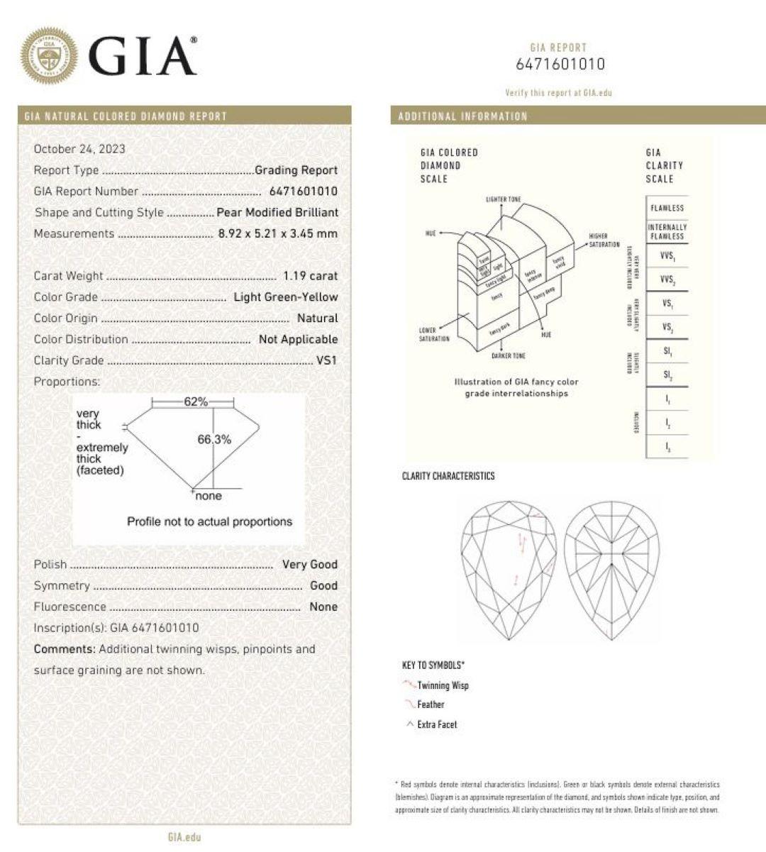 Bague en diamant certifié GIA de 1,19 carat, de couleur jaune vert clair, pureté VSI Unisexe en vente
