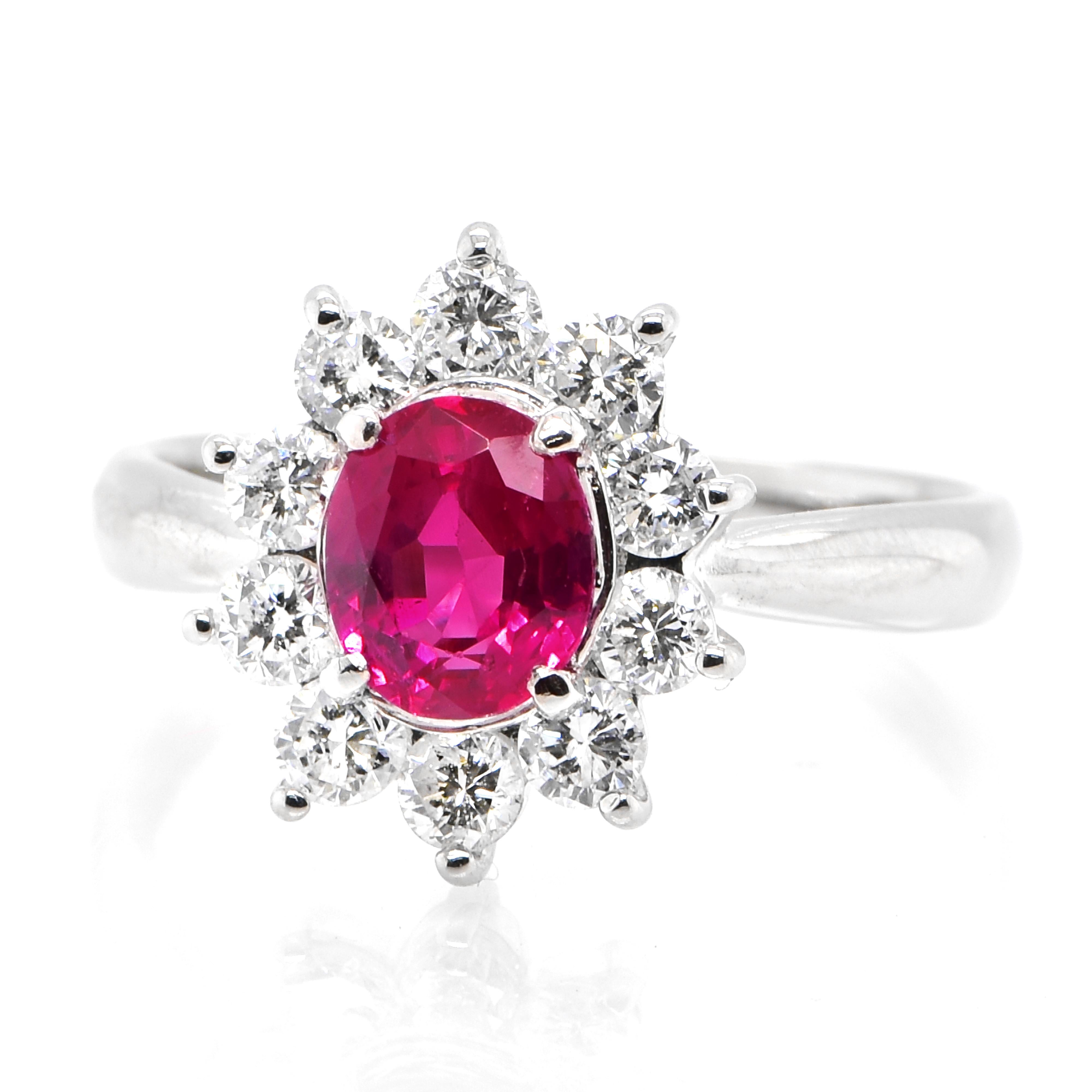 A beautiful Ring set in Platinum featuring a GIA Certified 1.19 Carat Natural, Untreated (No Heat), Burmese Ruby and 0.71 Carat Diamonds. Rubies are referred to as 