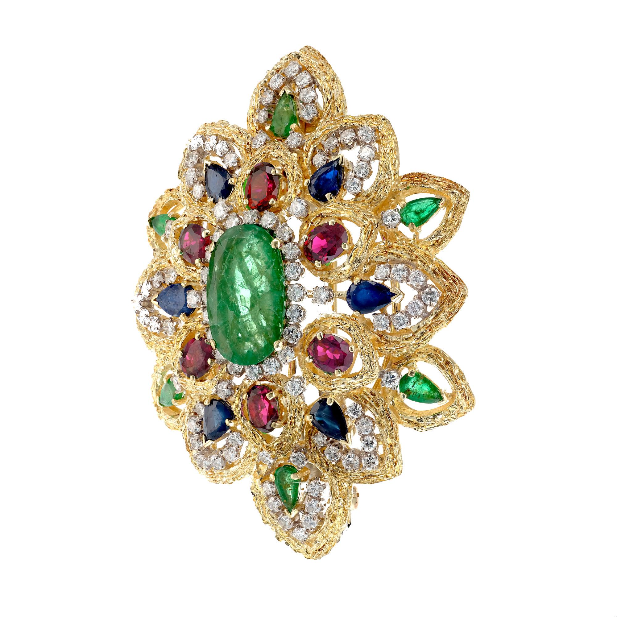 Emerald, Ruby, Sapphire and Diamond cluster brooch pendant. Large 14k yellow gold brooch witch can be worn as a pendant also. oval center emerald surrounded by oval rubies, pear shaped sapphires and round diamonds. GIA certified. See our matching