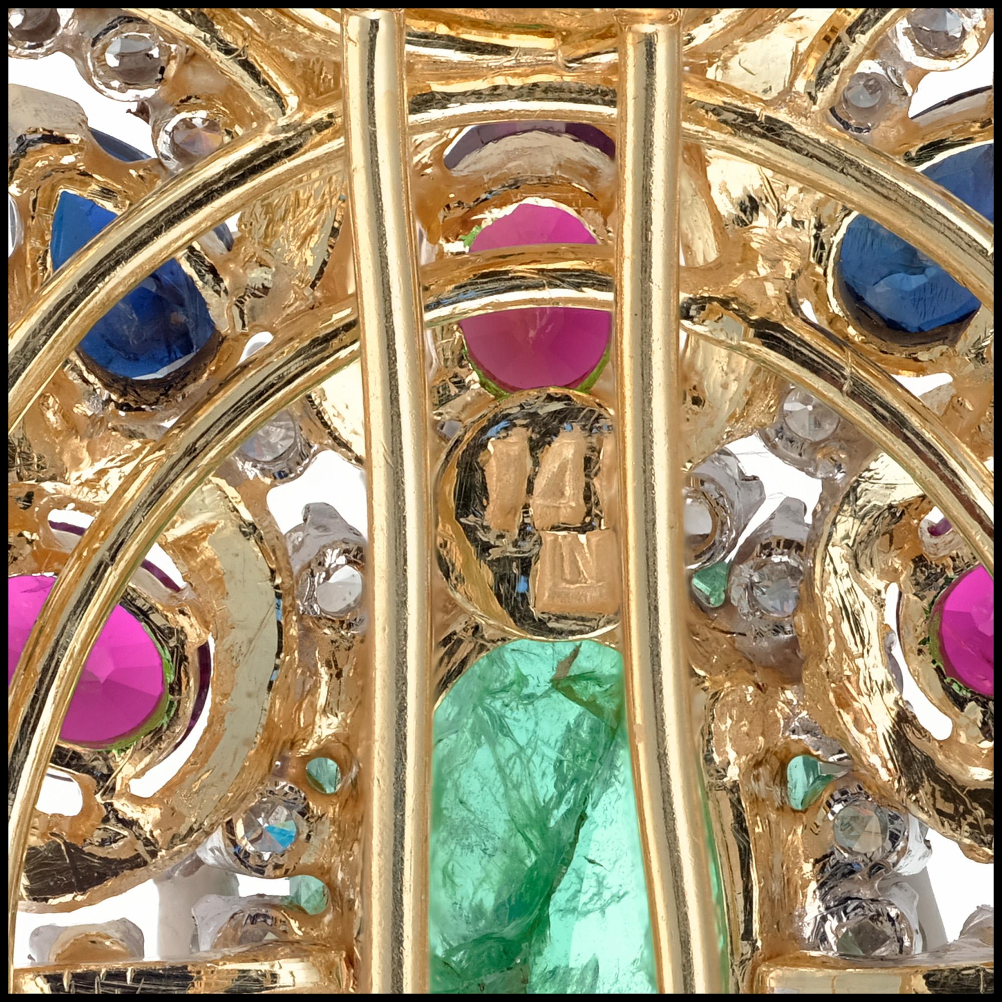 Gold-Anhänger-Brosche mit GIA-zertifizierten 11,90 Karat Smaragden, Saphir, Rubin und Diamant im Zustand „Hervorragend“ im Angebot in Stamford, CT