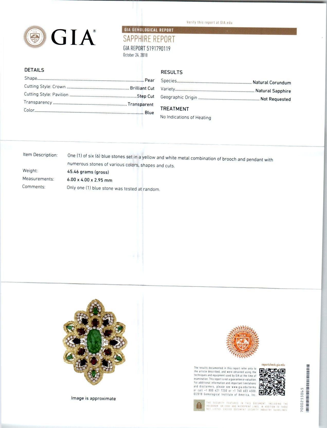 Women's GIA Certified 11.90 Carat Emeralds Sapphire Ruby Diamond Gold Pendant Brooch For Sale
