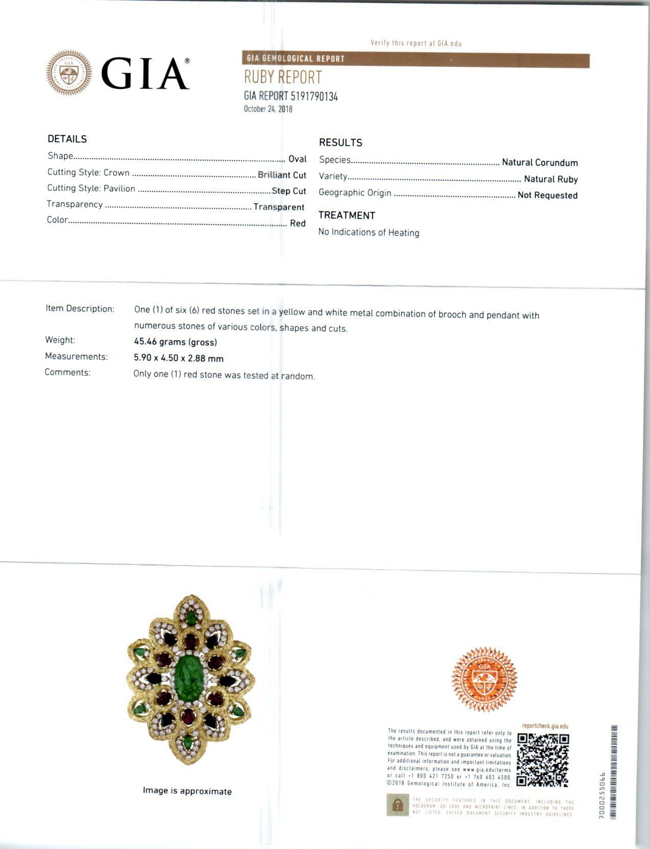 Gold-Anhänger-Brosche mit GIA-zertifizierten 11,90 Karat Smaragden, Saphir, Rubin und Diamant im Angebot 2