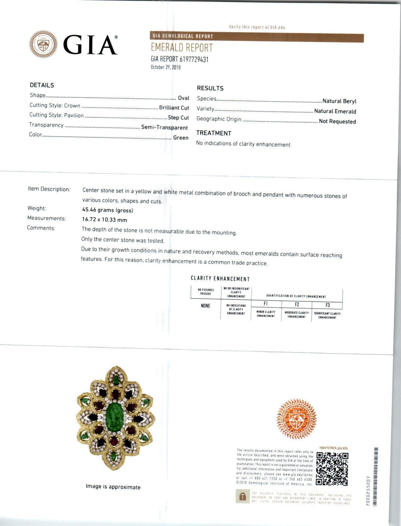 Gold-Anhänger-Brosche mit GIA-zertifizierten 11,90 Karat Smaragden, Saphir, Rubin und Diamant im Angebot 3
