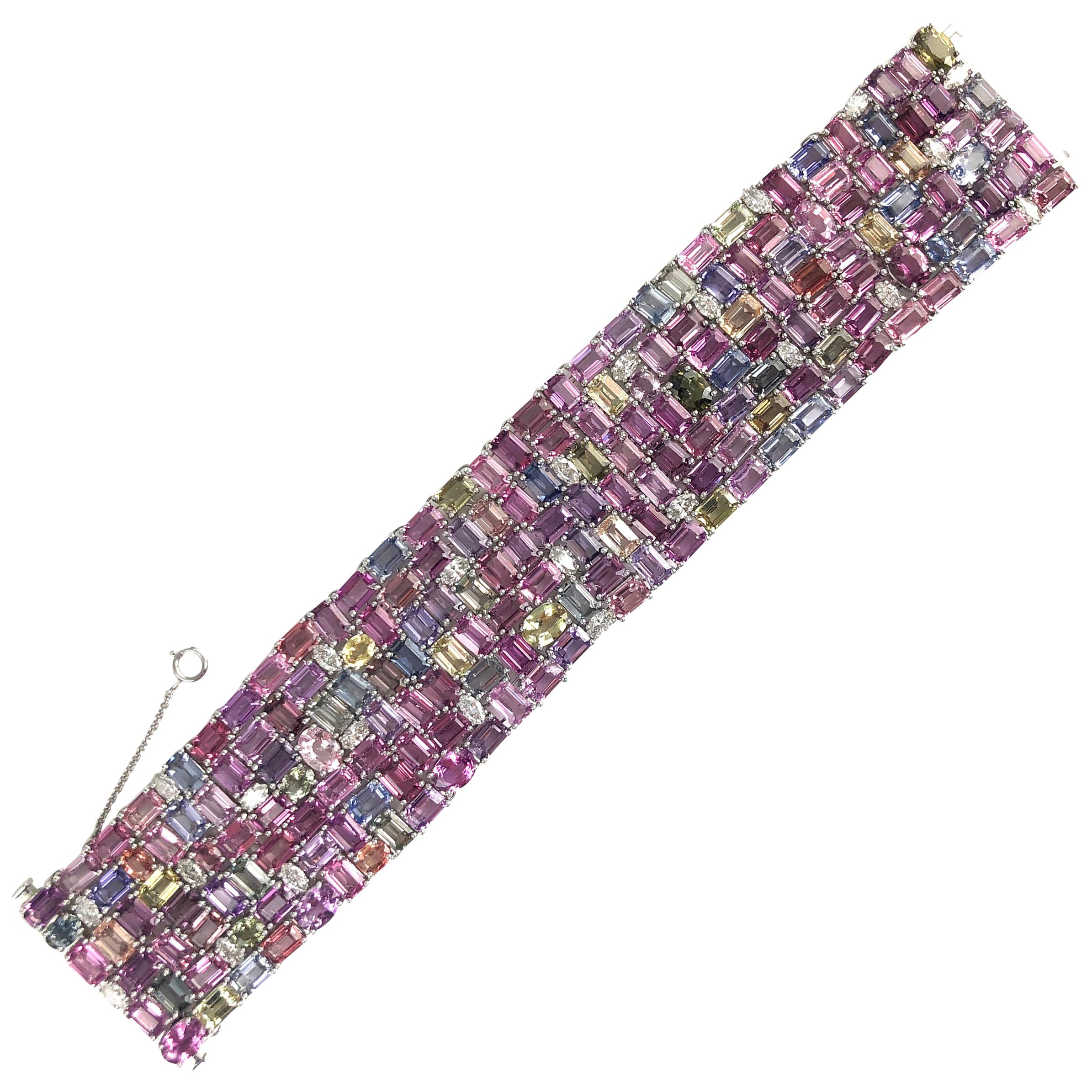 GIA Cert 119.06 Carat Multicolor Mixed Cut Sapphire and Diamond Bracelet ref325 In New Condition For Sale In New York, NY