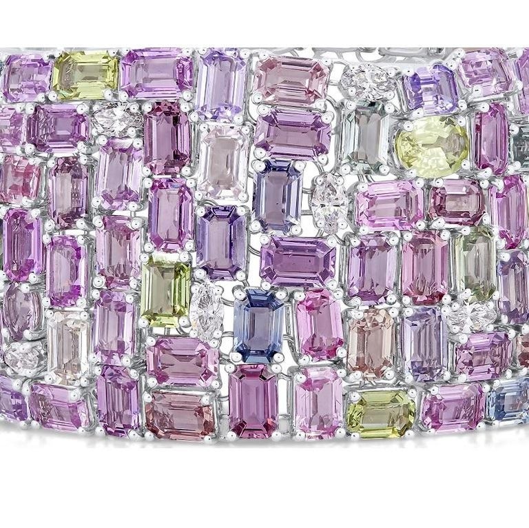 Women's GIA Certified 119.06 Carat Multicolor Mixed Cut Sapphire and Diamond Bracelet For Sale