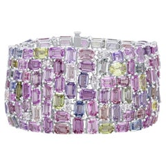 GIA Cert 119.06 Carat Multicolor Mixed Cut Sapphire and Diamond Bracelet ref325