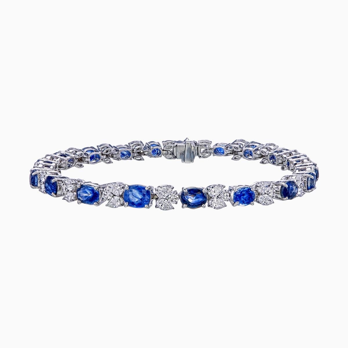GIA Certified 11.91 Carat Blue Sapphire Kashmir No Heat Diamond Bracelet in 18K