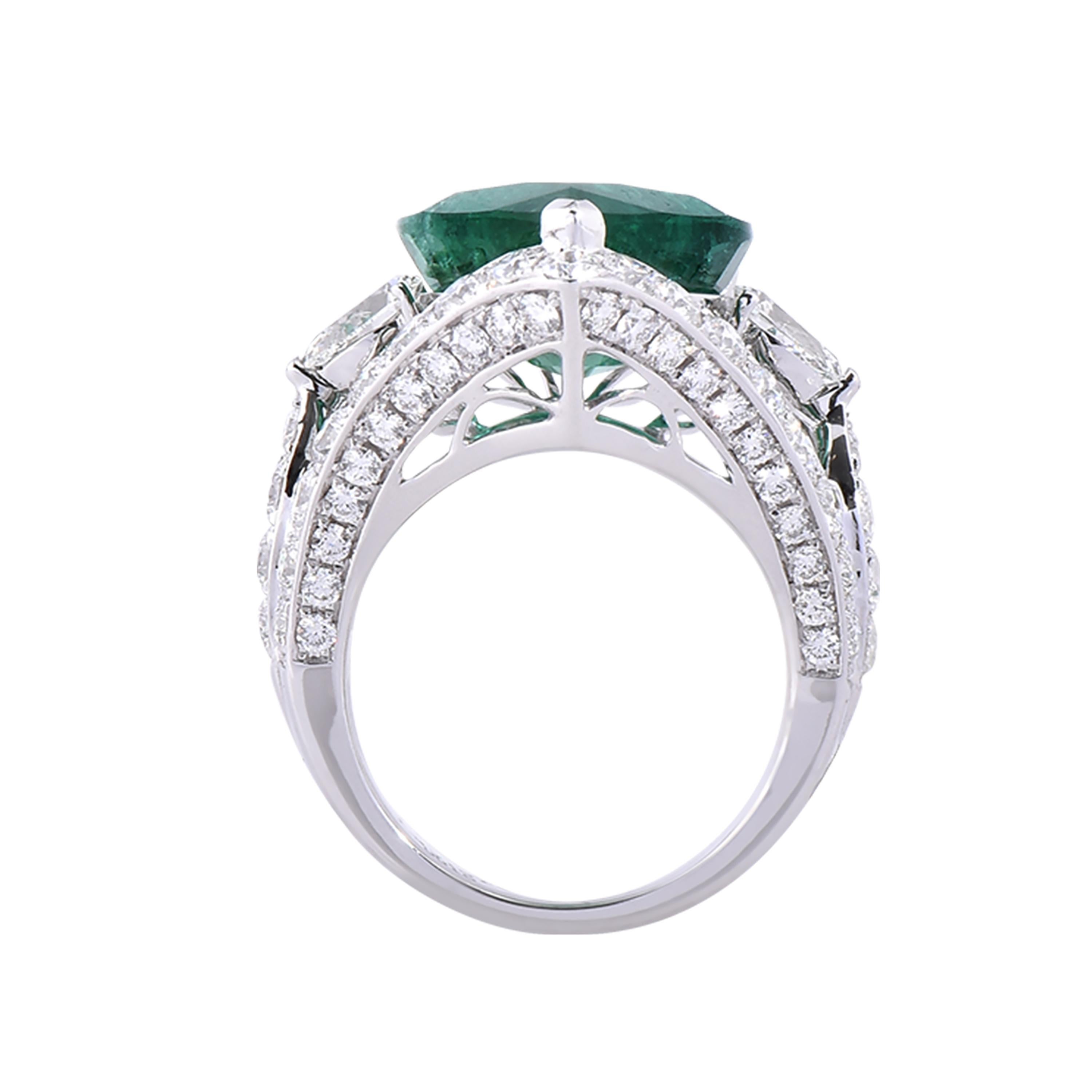 18 karat white gold emerald cocktail ring from the Viridian collection of Laviere. The ring is set with a GIA certified 11.96 carats Zambian pear shape emerald, 3.19 carats round brilliant diamonds and 0.65 carats pear shape brilliant-cut
