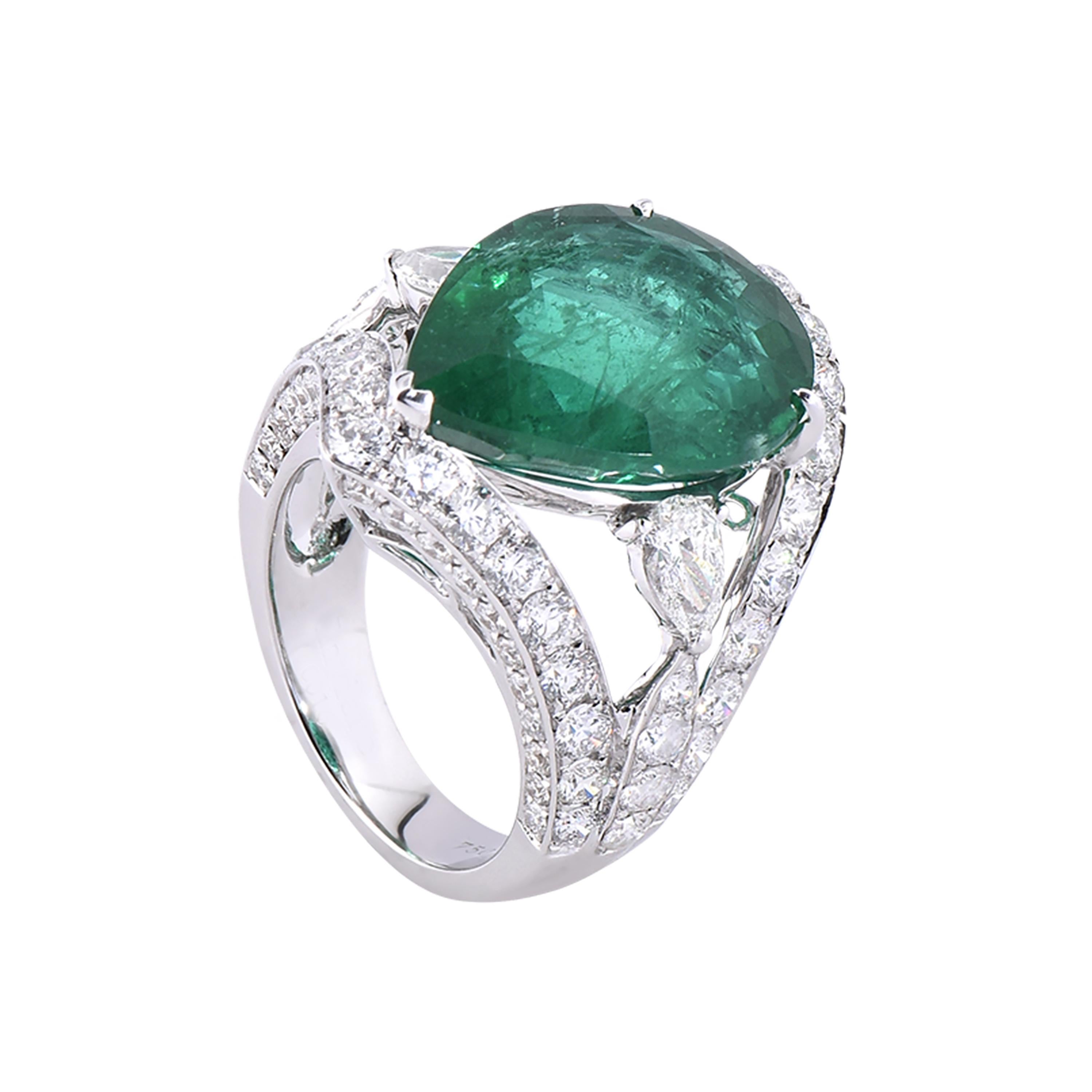 Modern Laviere GIA Certified 11.96 Zambian Emerald and Diamond Ring For Sale