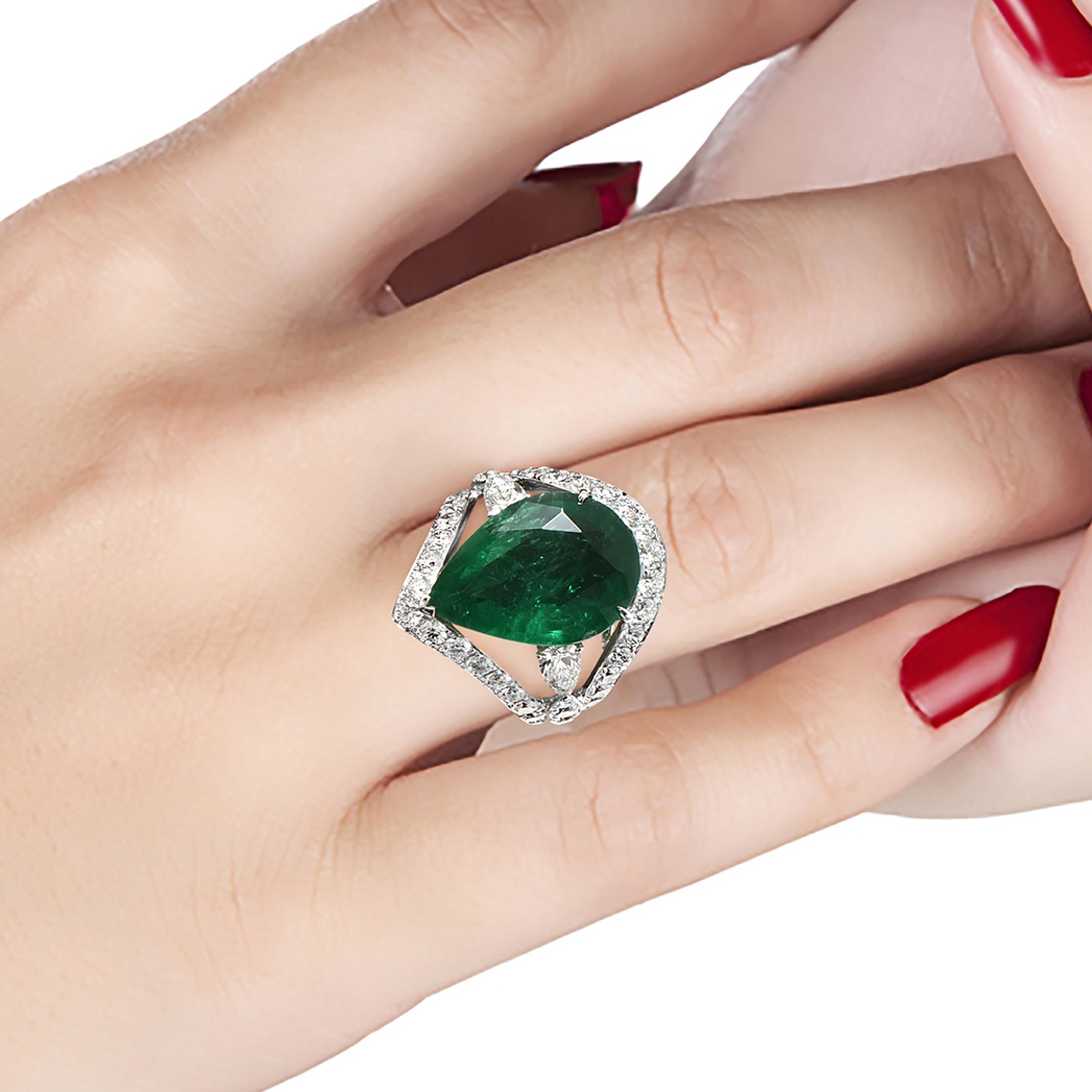 Pear Cut Laviere GIA Certified 11.96 Zambian Emerald and Diamond Ring For Sale
