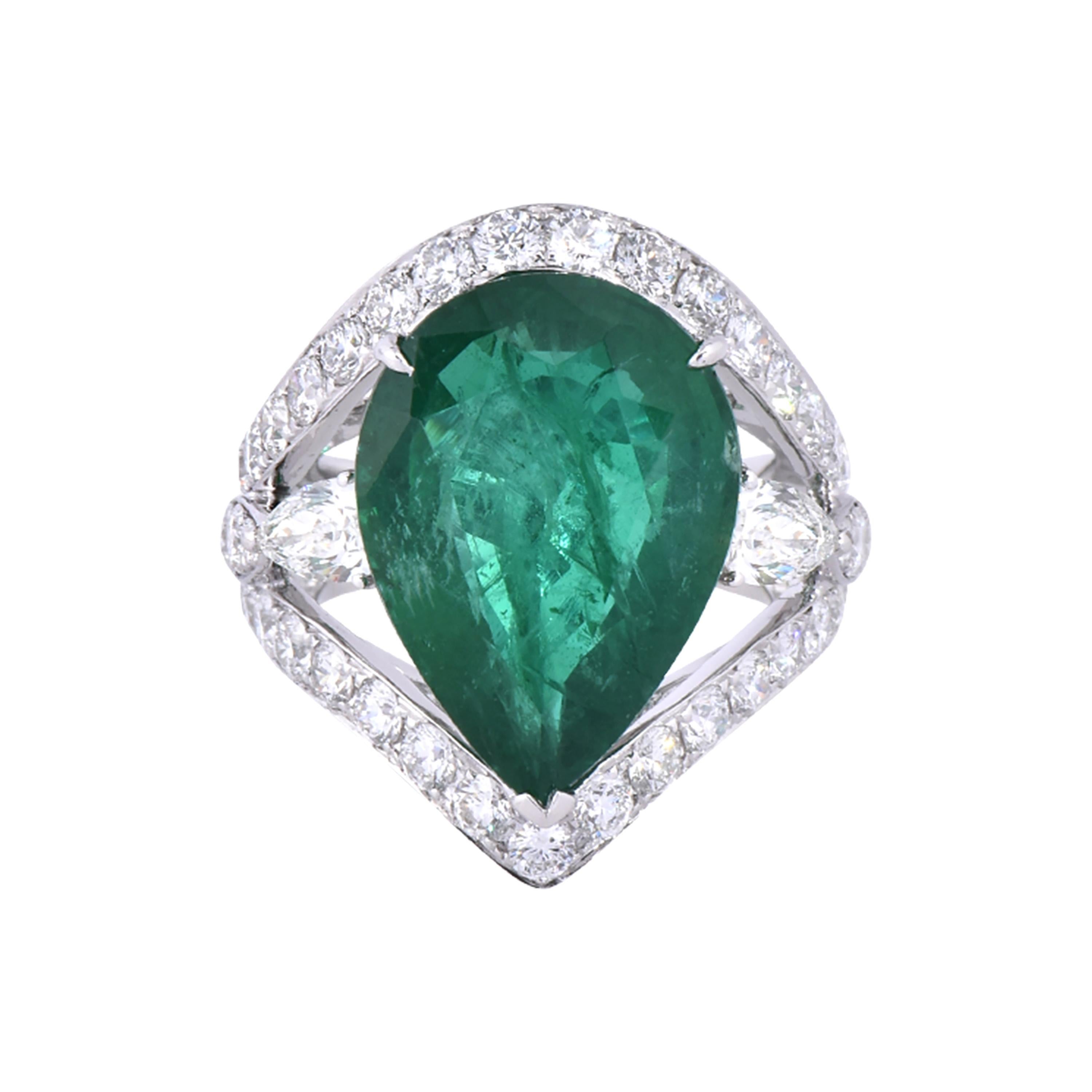 Laviere GIA Certified 11.96 Zambian Emerald and Diamond Ring For Sale