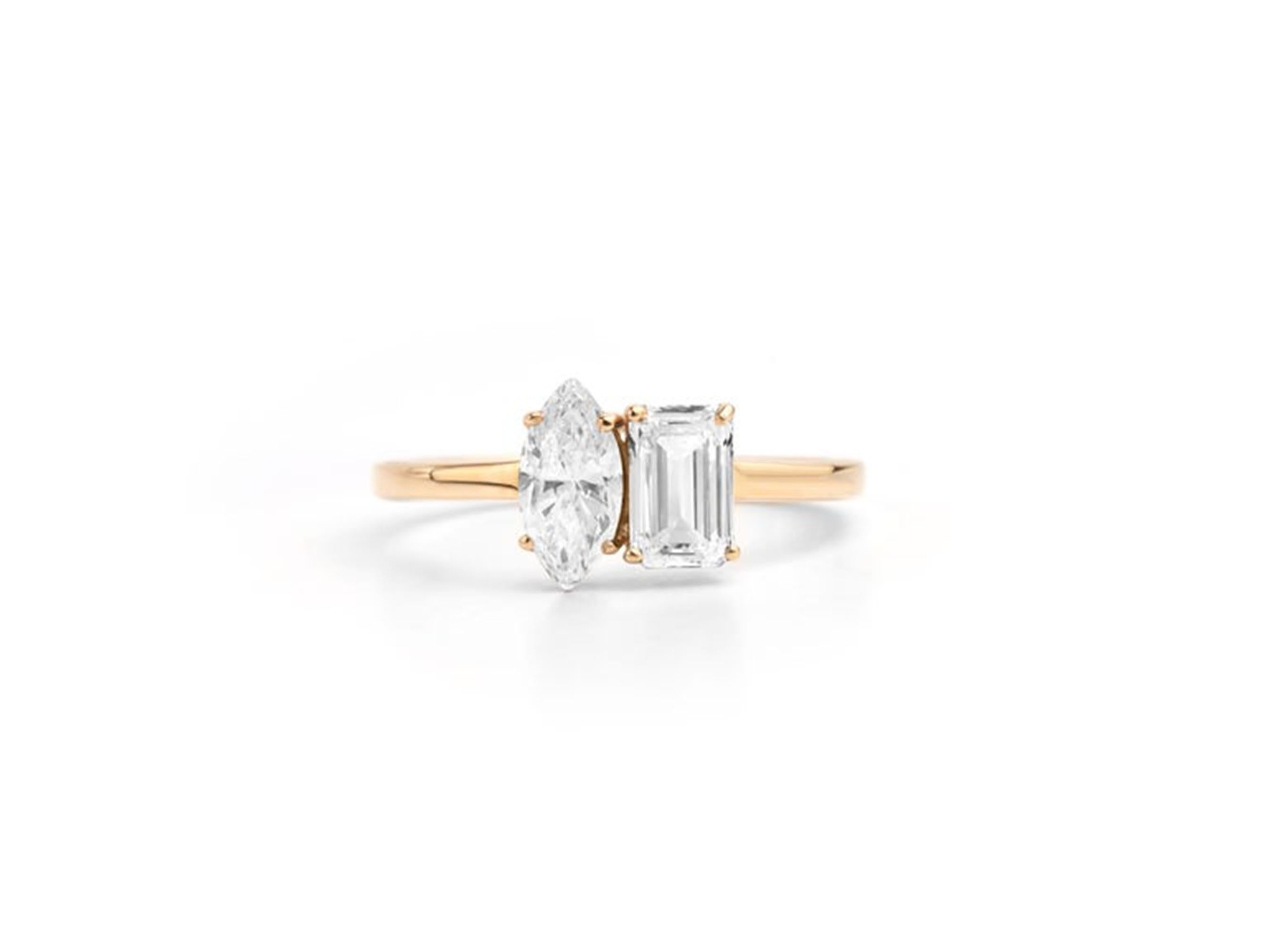 Bague en or rose 18 carats certifiée GIA avec deux diamants de taille émeraude et marquise de 1,1 ctw en vente 2