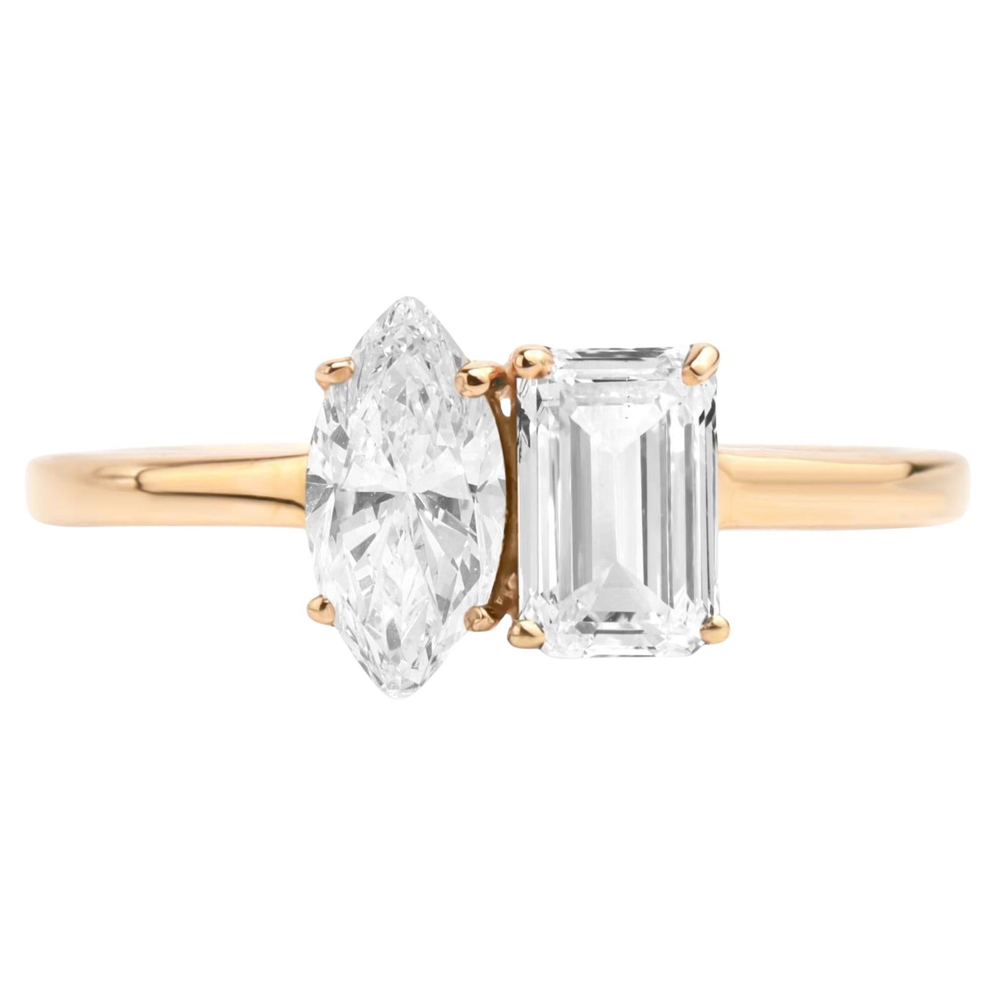 Bague en or rose 18 carats certifiée GIA avec deux diamants de taille émeraude et marquise de 1,1 ctw