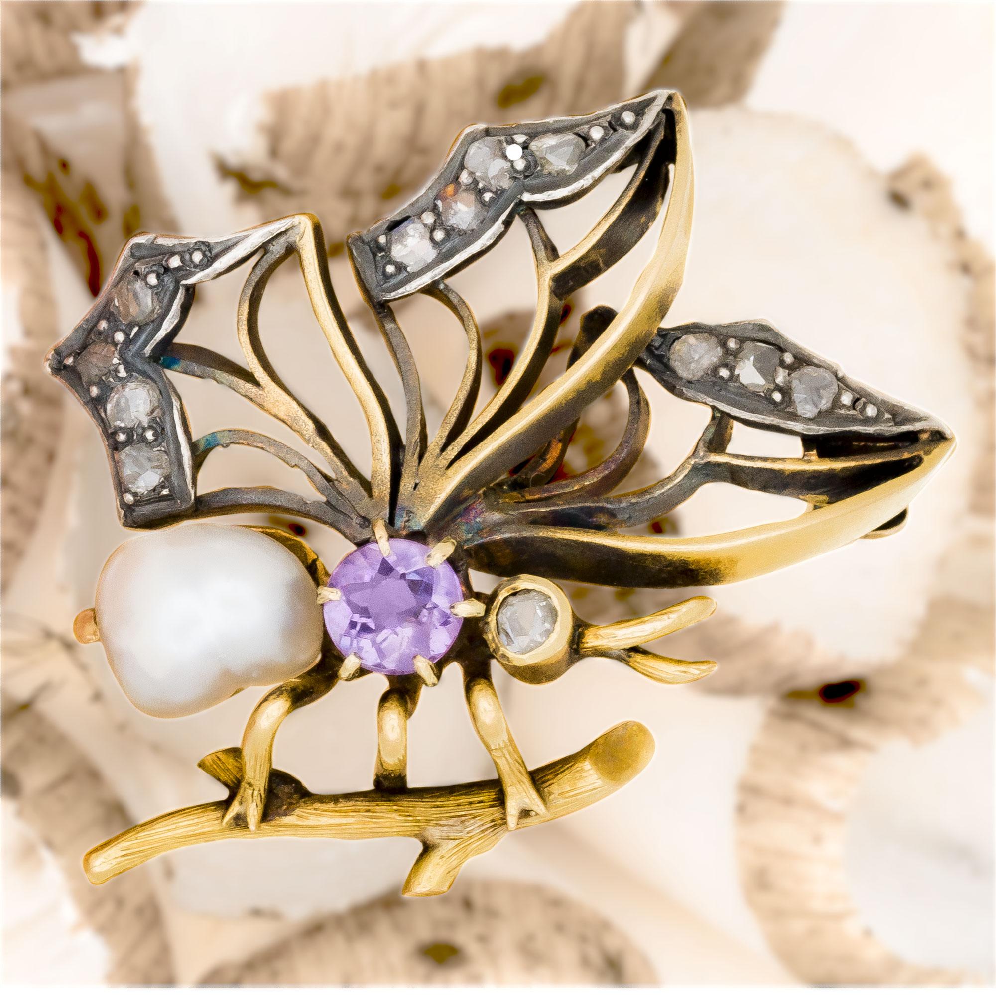 Rose Cut GIA Certified .12 Carat Diamond Amethyst Pearl Art Nouveau Butterfly Brooch For Sale