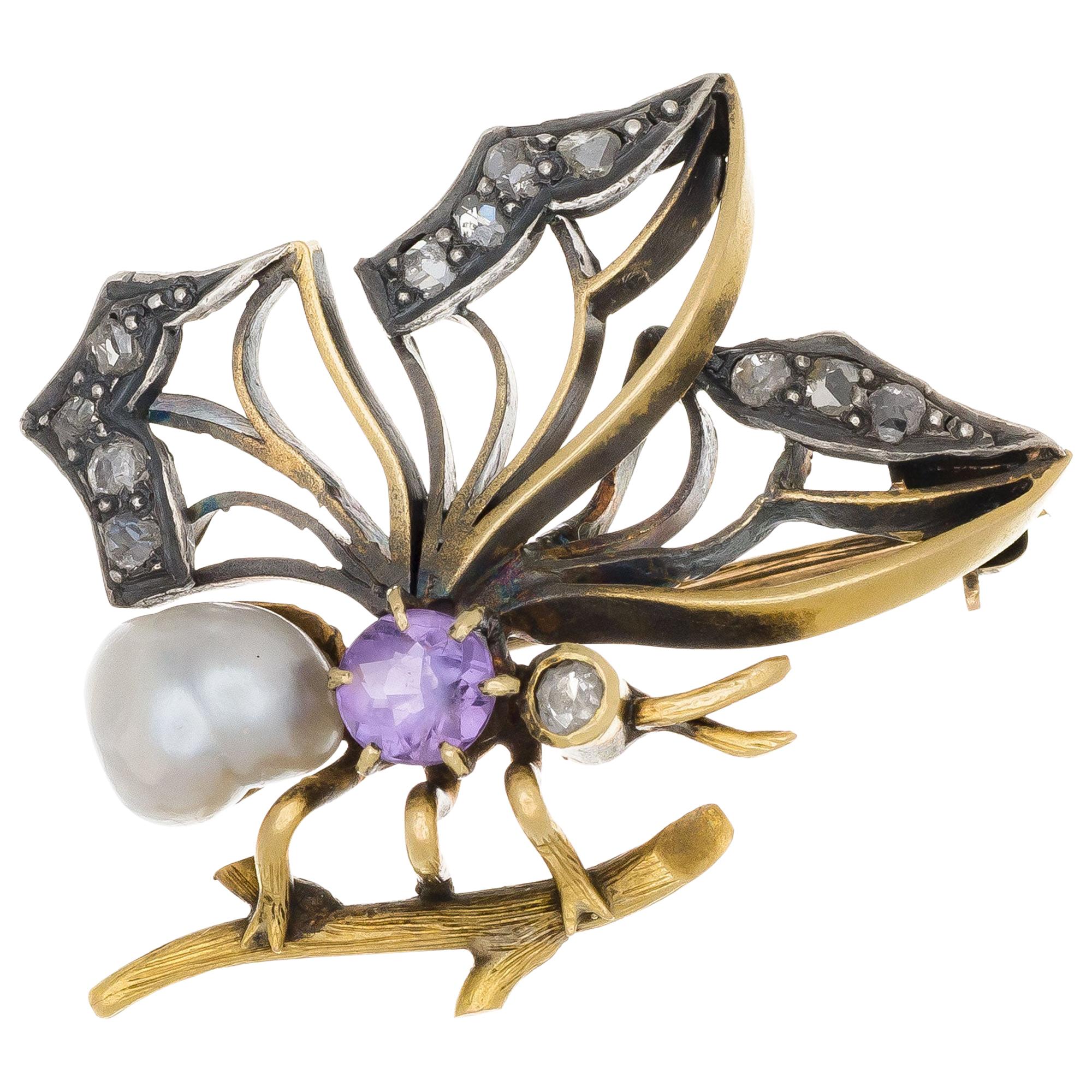 GIA Certified .12 Carat Diamond Amethyst Pearl Art Nouveau Butterfly Brooch For Sale