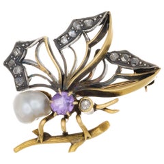 Antique GIA Certified .12 Carat Diamond Amethyst Pearl Art Nouveau Butterfly Brooch
