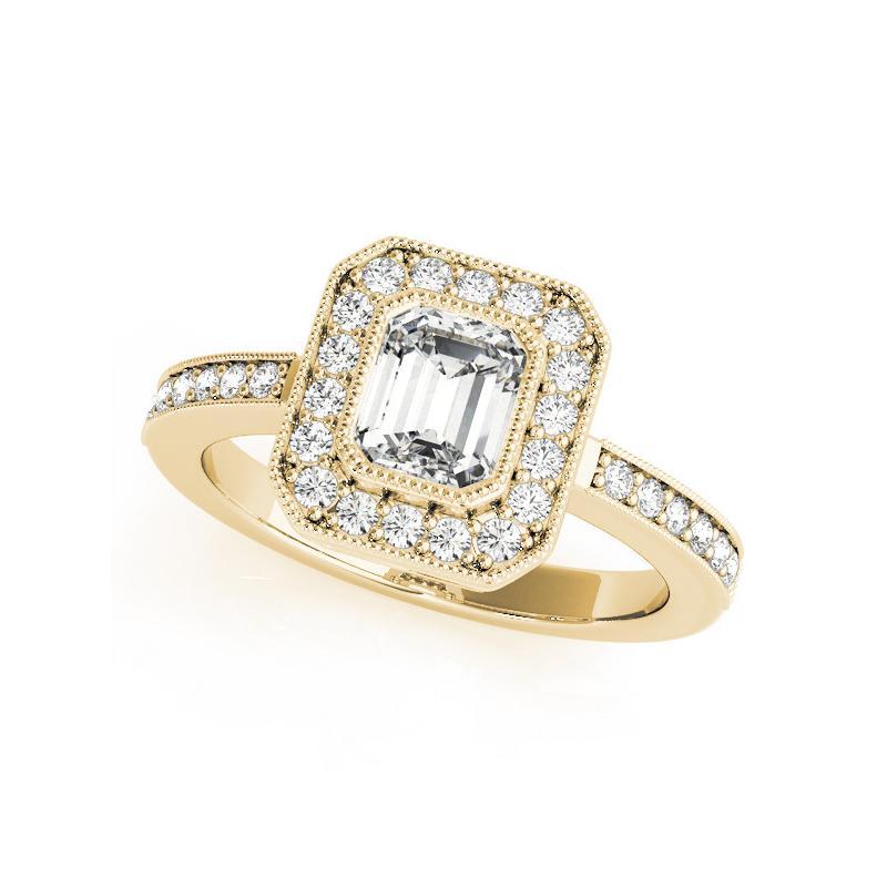 Taille émeraude Bague en or jaune 18K avec diamant certifié GIA de 1,2 carat Emerald Halo Milgrain en vente
