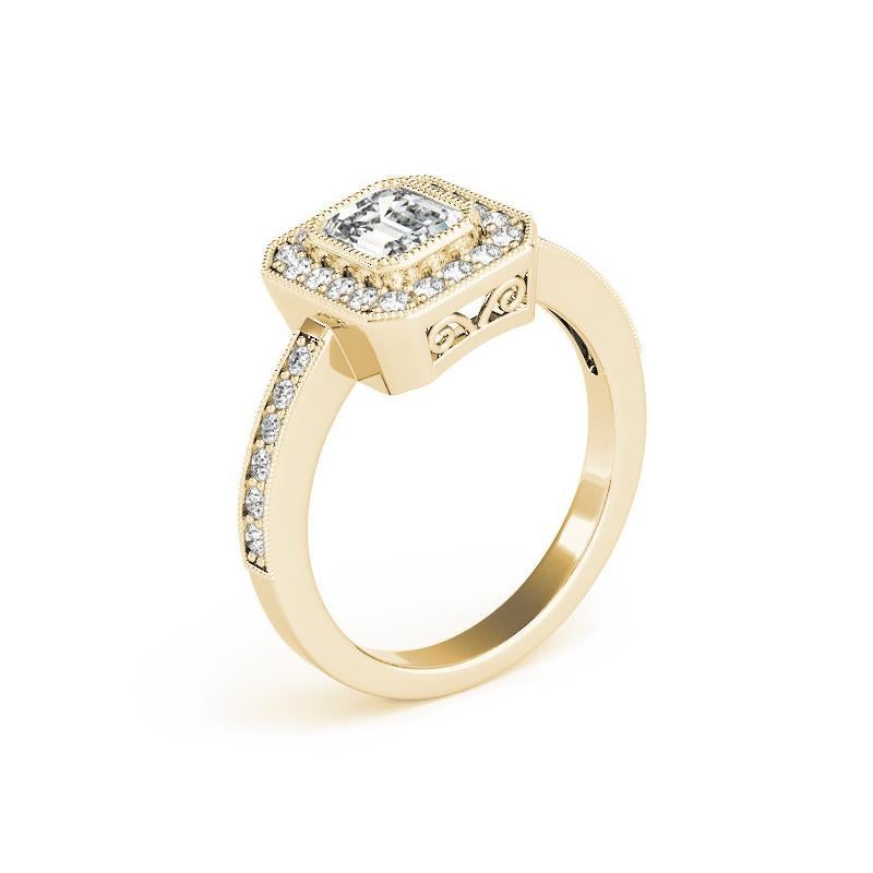 Bague en or jaune 18K avec diamant certifié GIA de 1,2 carat Emerald Halo Milgrain Pour femmes en vente