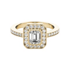 GIA Certified 1.2 Carat Emerald Halo Milgrain 18K Yellow Gold Diamond Ring