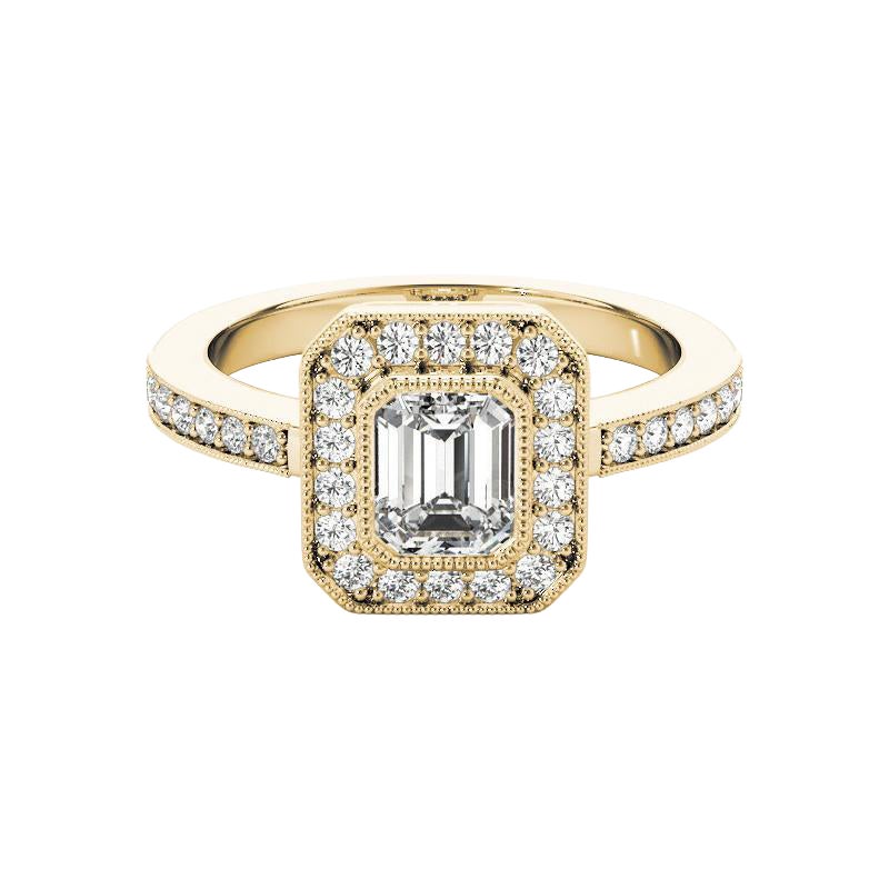 Bague en or jaune 18K avec diamant certifié GIA de 1,2 carat Emerald Halo Milgrain