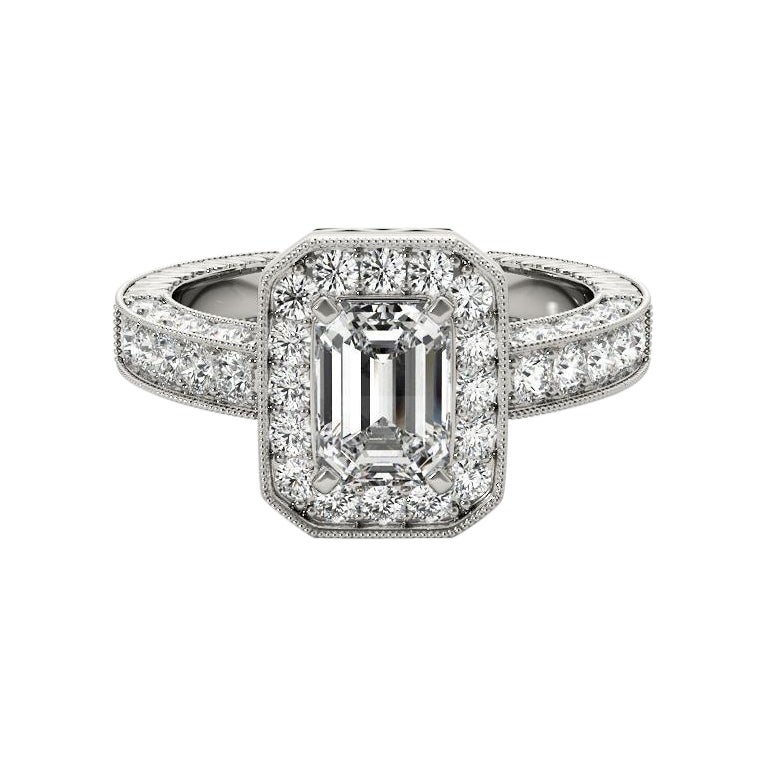 GIA Certified 1.2 Carat Emerald Halo Openwork Pave Platinum Diamond Ring